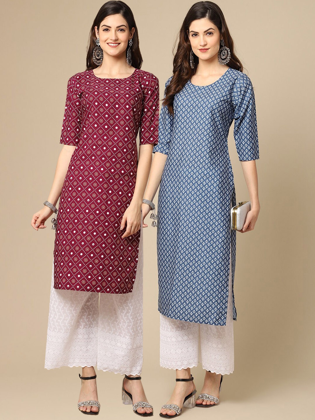 

7Threads Set of 2 Women Printed Block Print Handloom Crepe Straight Kurta, Maroon