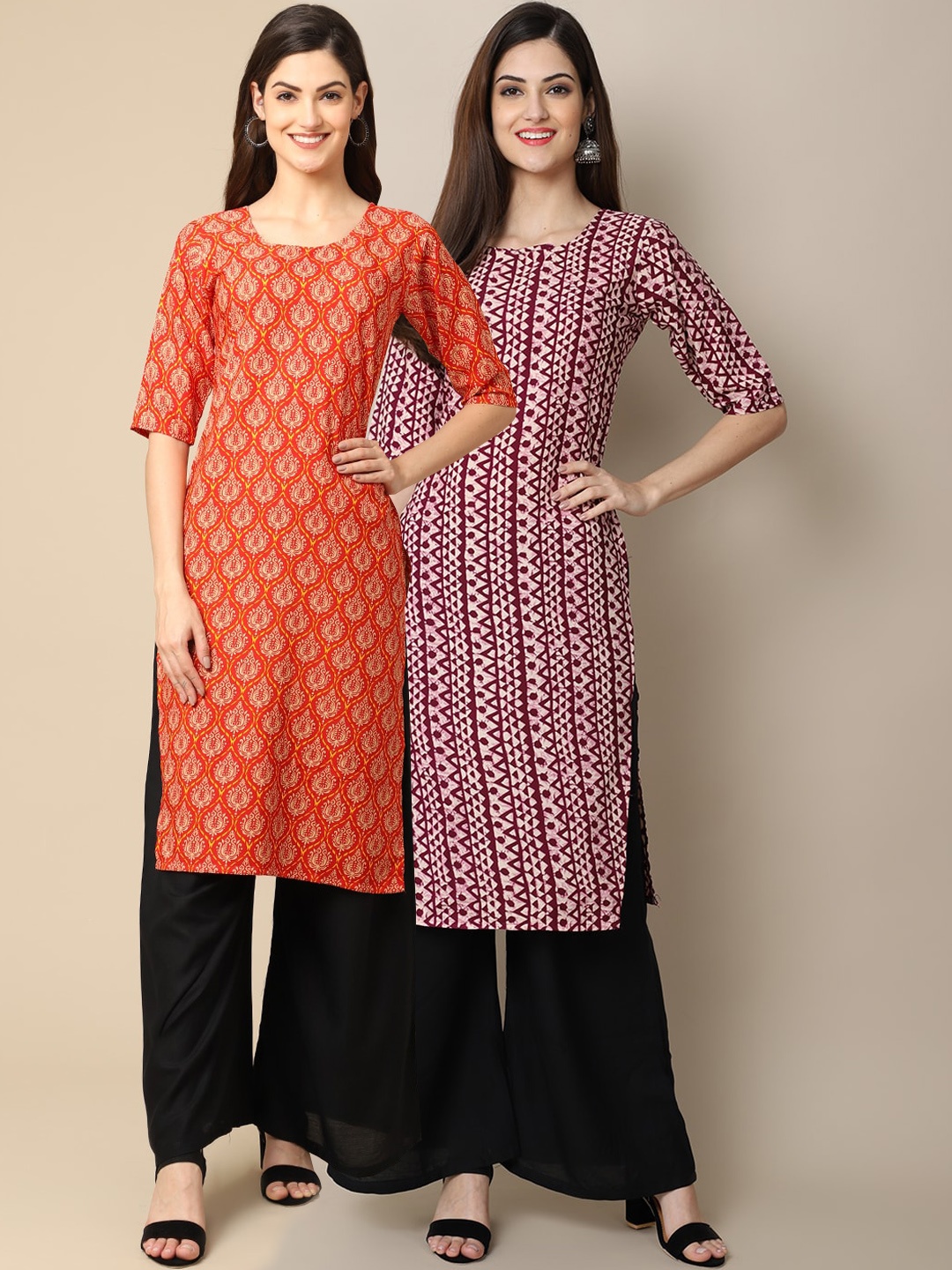 

7Threads Women Pack of 2 Orange & Maroon Digital Printed Crepe Kurtas