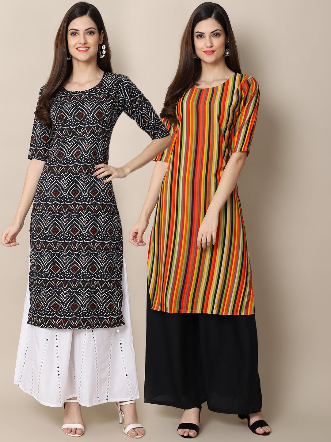 

7Threads Women Pack Of 2 Black & Yellow Printed Block Print Crepe Kurtas