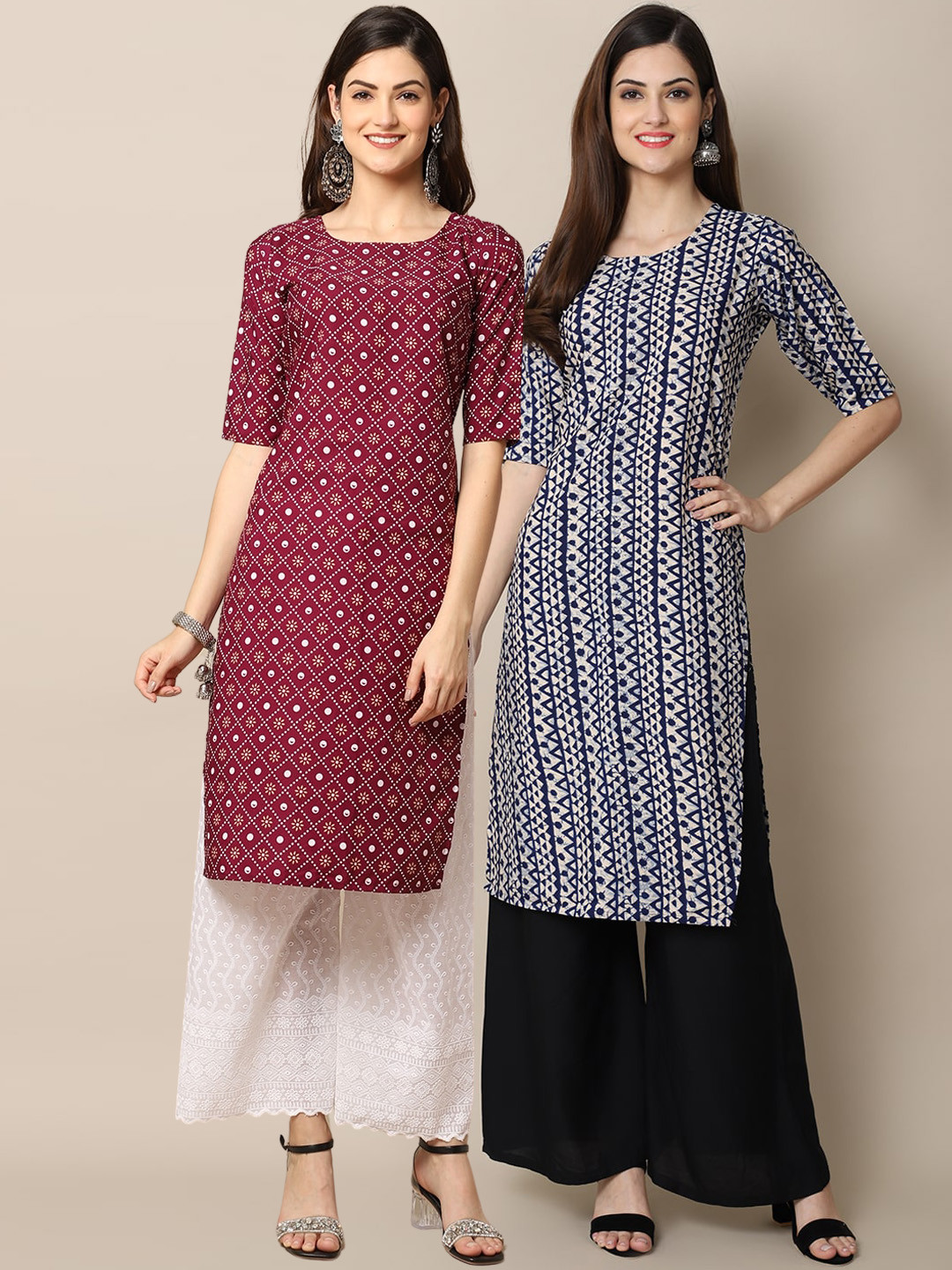 

7Threads Women Pack Of 2 Maroon & Blue Geometric Printed Block Print Crepe Kurtas