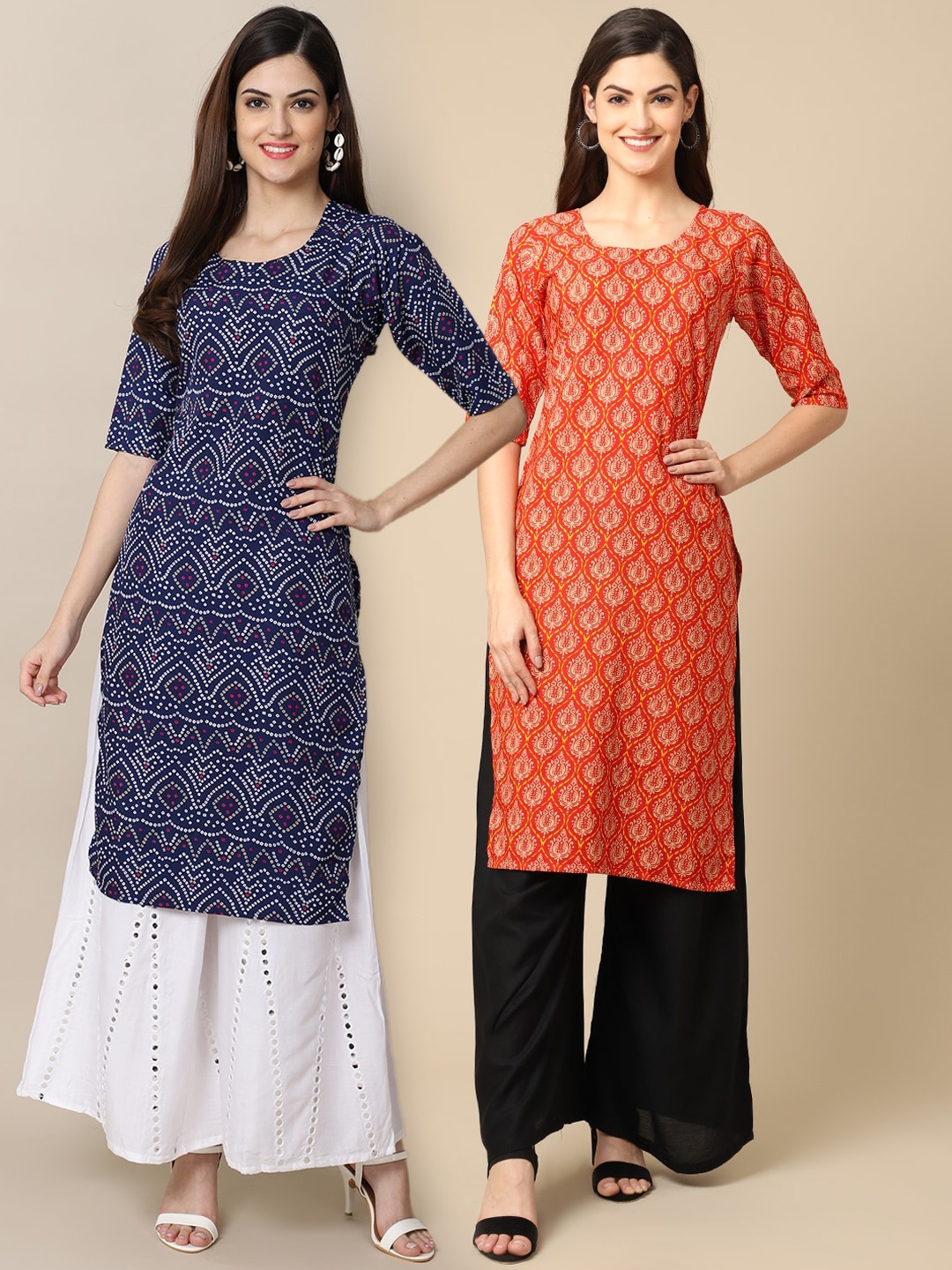 

7Threads Women Pack Of 2 Blue & Orange Bandhani Printed Crepe Kurta