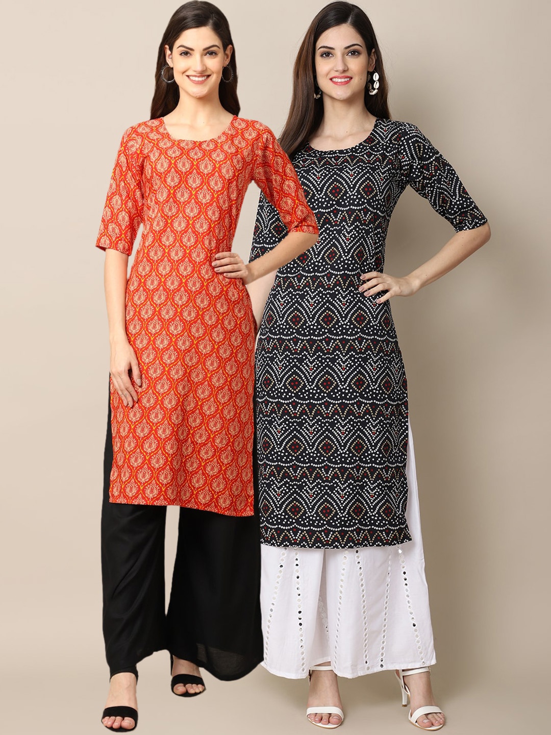 

7Threads Women Pack of 2 Red & Black Digital Printed Crepe Straight Kurtas
