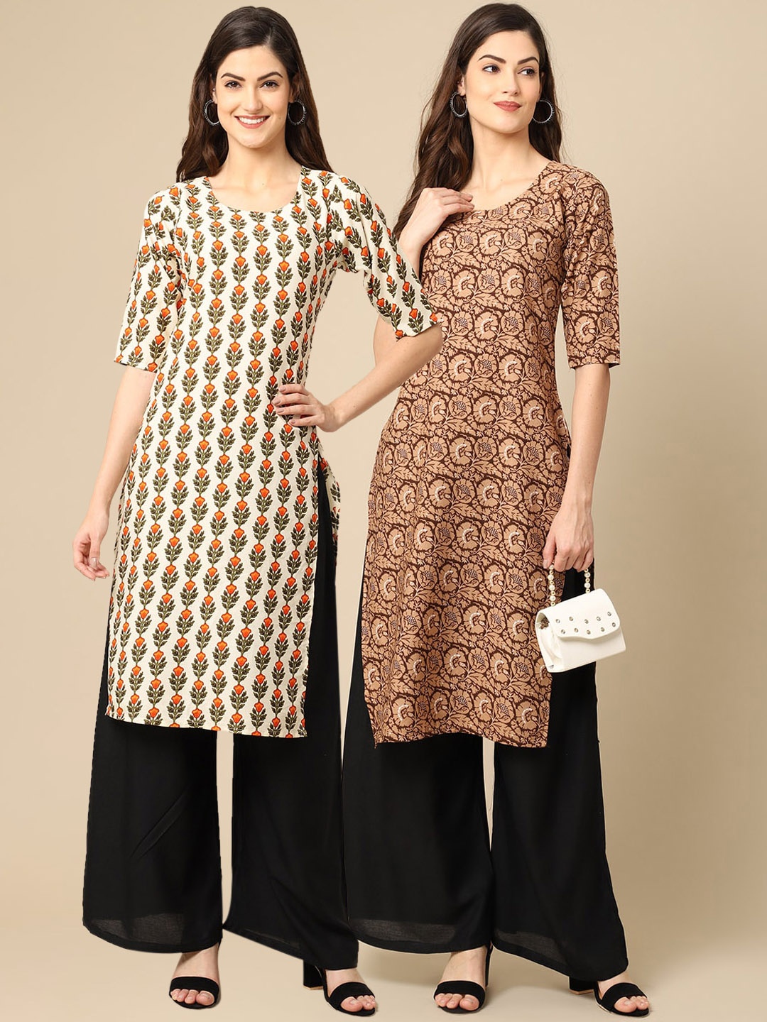 

7Threads Women Pack of 2 Mustard Yellow & Off White Ethnic Motifs Crepe Kurta