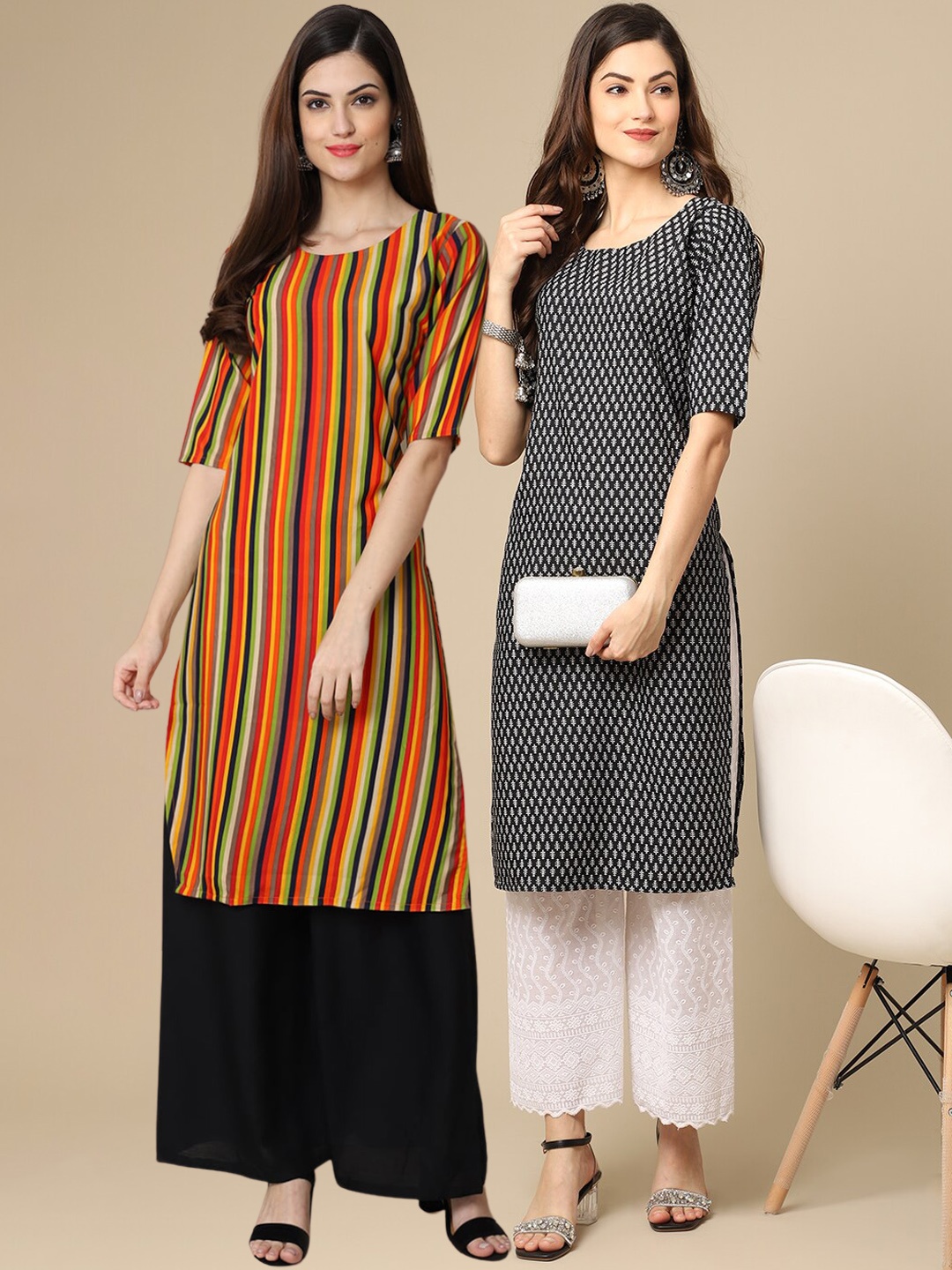 

7Threads Women Pack Of 2 Yellow & Black Ethnic Motifs Printed Crepe Kurta