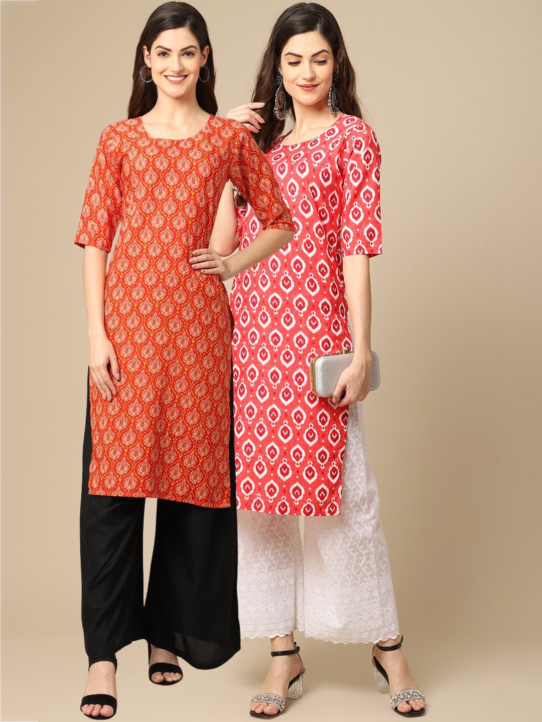 

7Threads Women Pack of 2 Orange & Coral Ethnic Motifs Printed Crepe Kurta