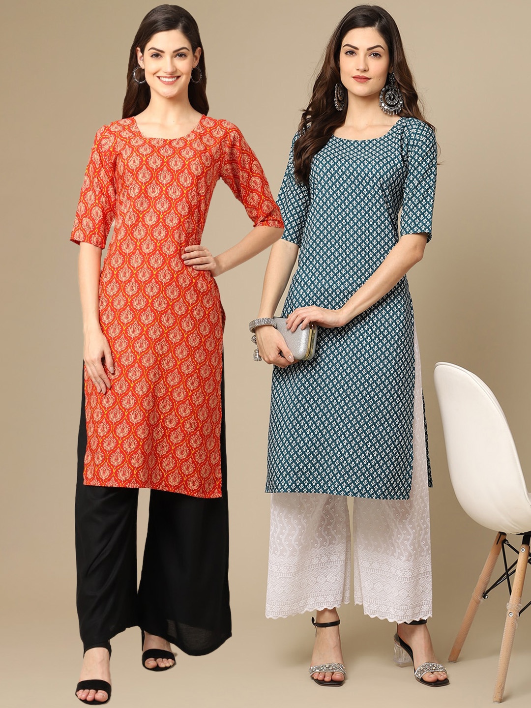 

7Threads Women Pack of 2 Red & Blue Digital Printed Crepe Straight Kurtas