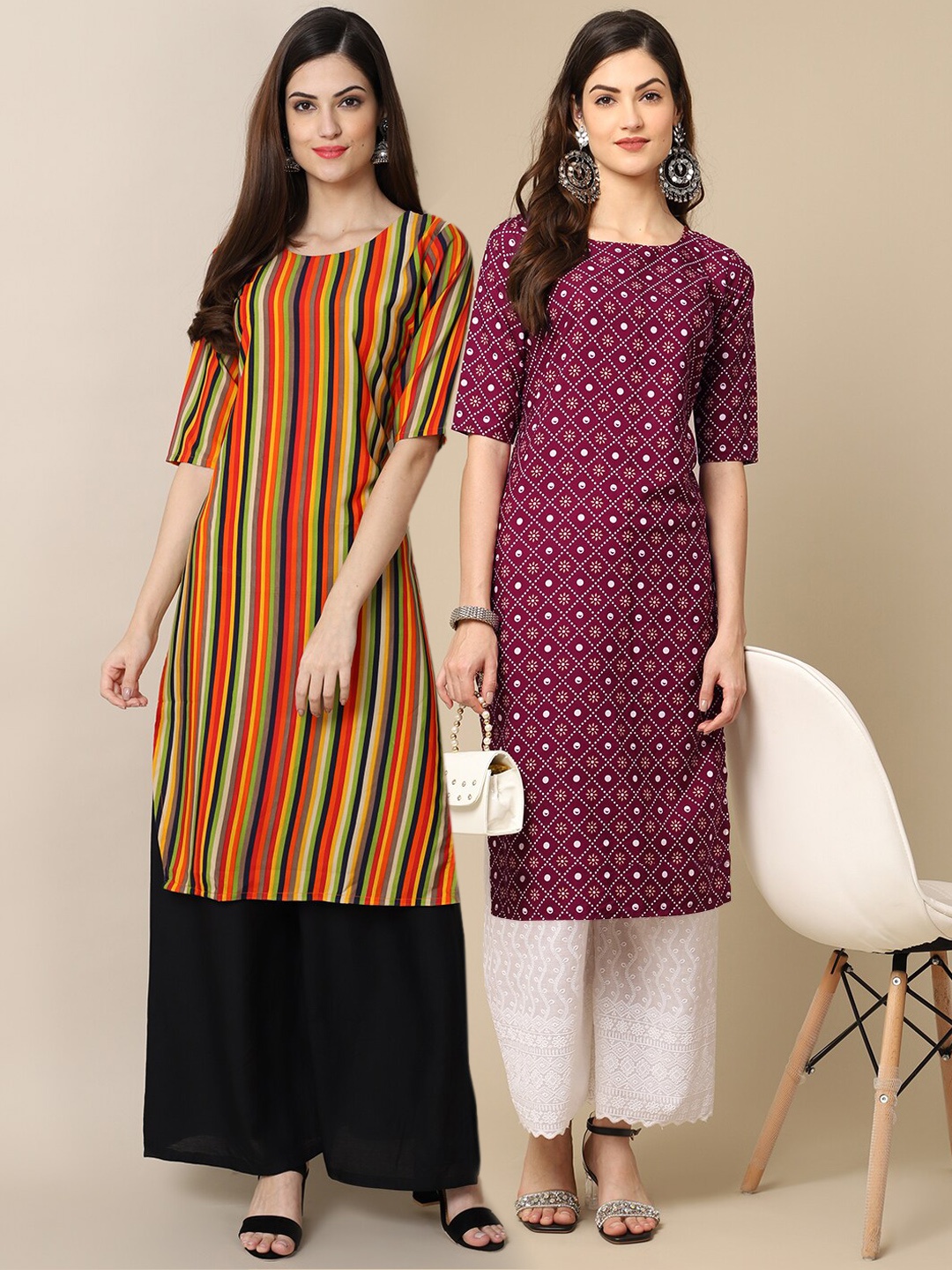 

7Threads Women Pack of 2 Orange & Maroon Ethnic Motifs Printed Crepe Kurta