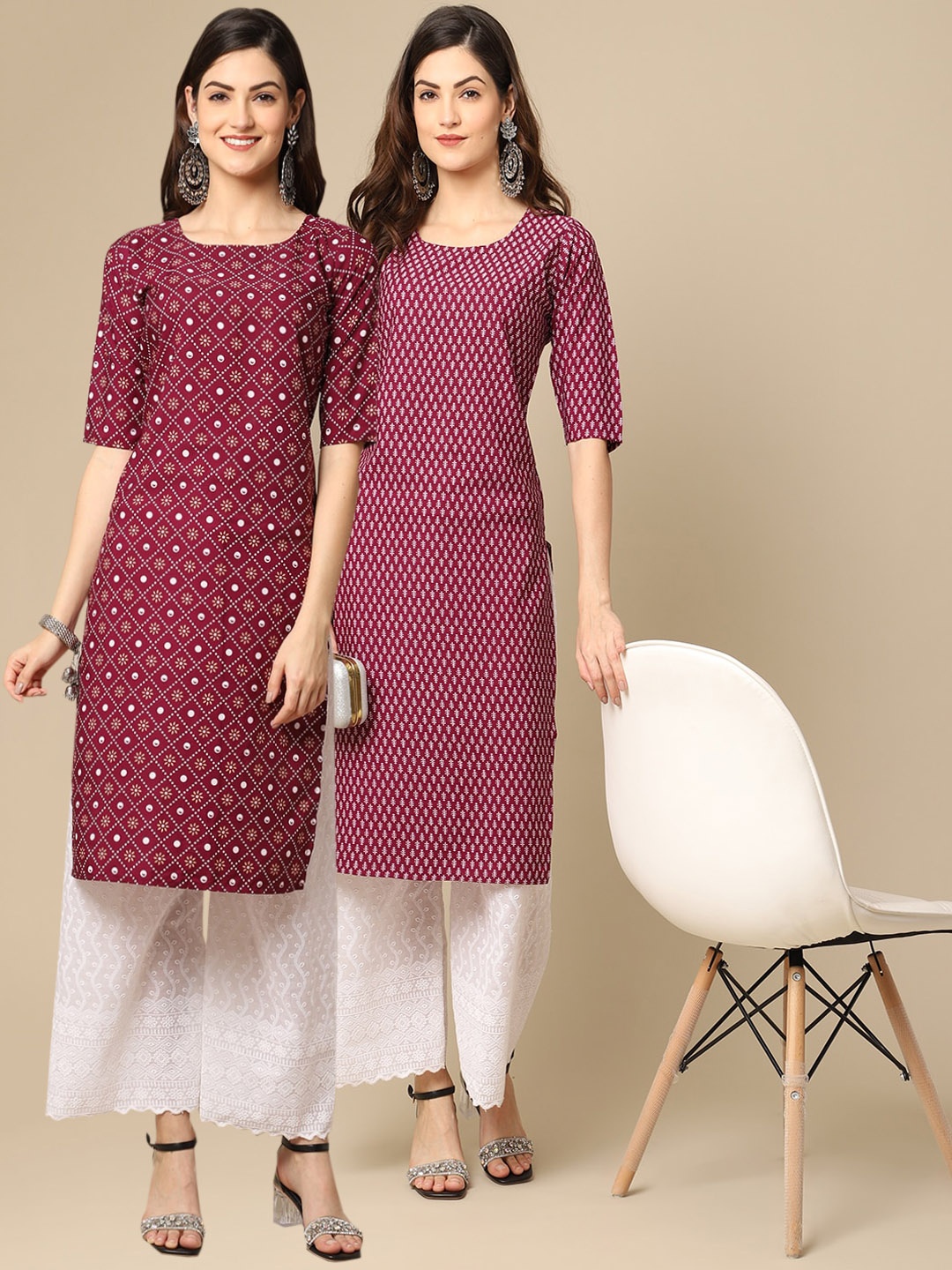 

7Threads Women Pack Of 2 Maroon Geometric Printed Crepe Kurta