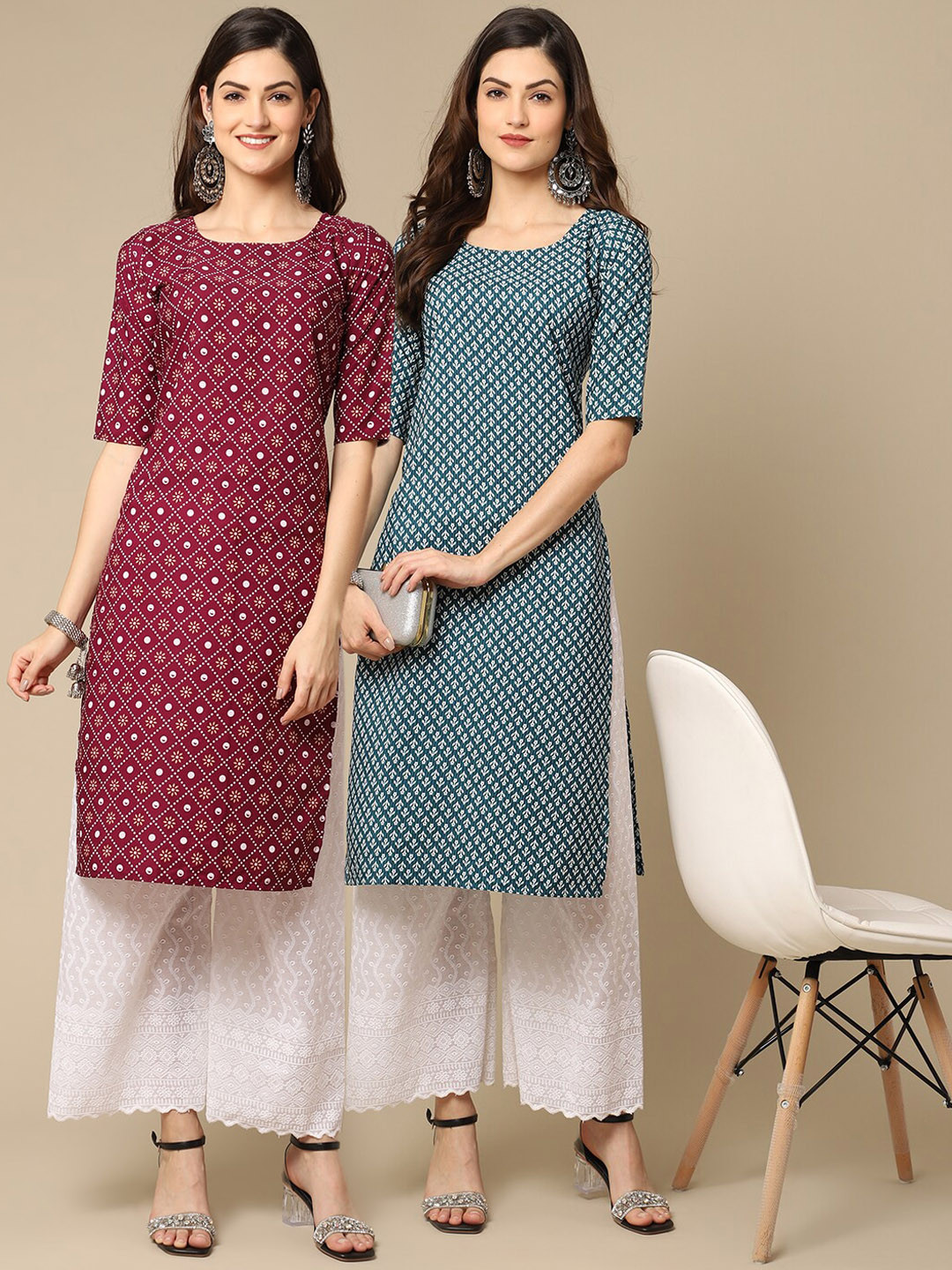 

7Threads Pack Of 2 Women Red & Blue Printed Crepe Kurta