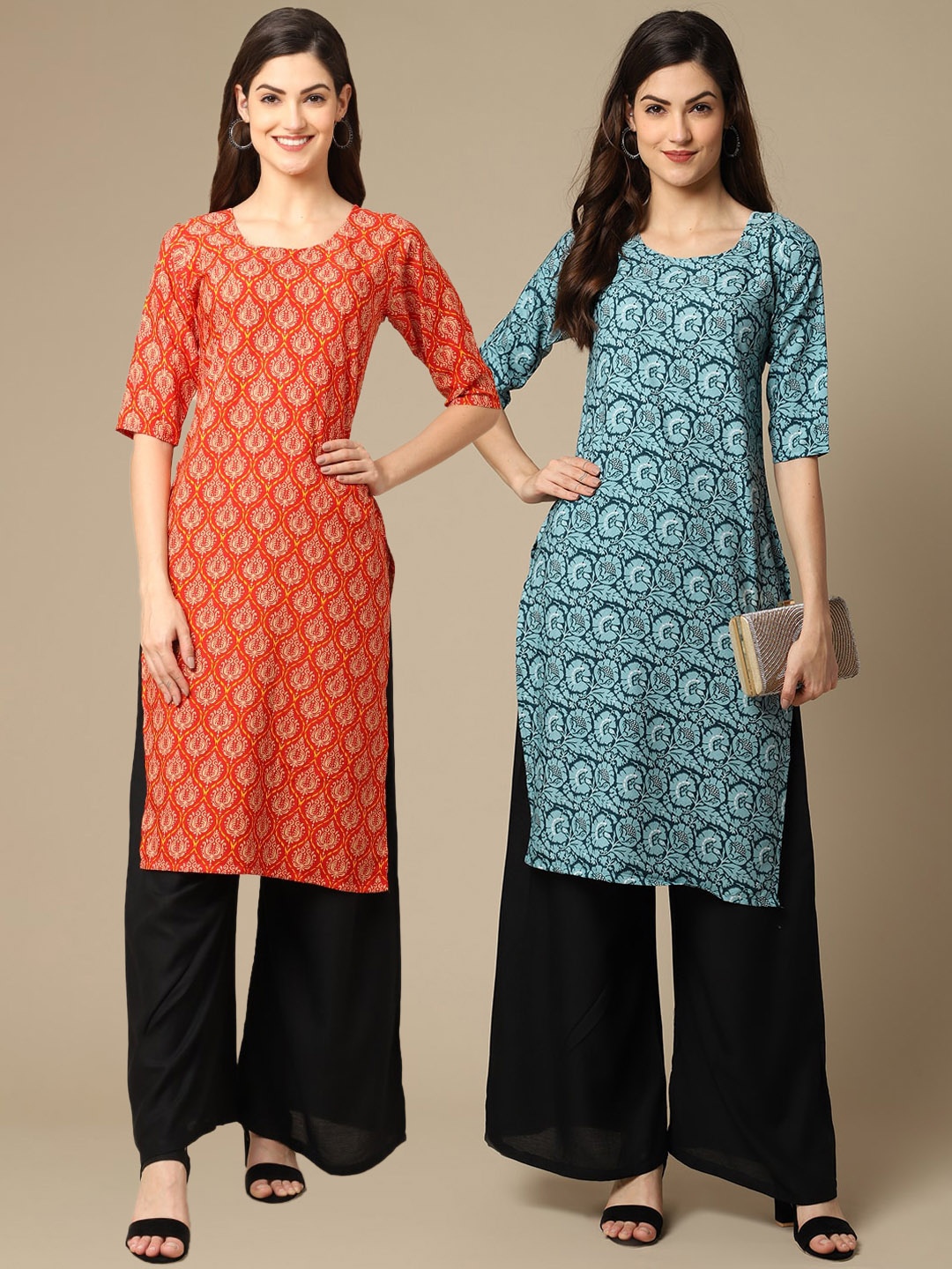 

7Threads Women Pack of 2 Orange & Blue Ethnic Motifs Printed Crepe Kurta