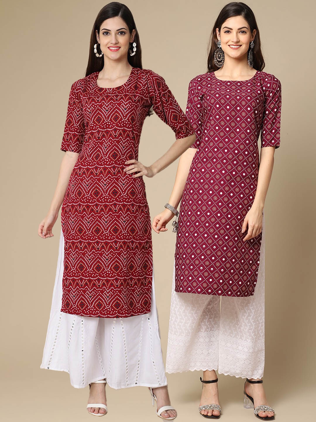 

7Threads Women Pack Of 2 Maroon & Burgundy Ethnic Motifs Printed Crepe Straight Kurta