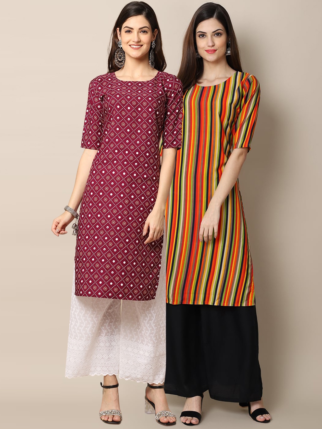 

7Threads Women Red & Yellow Striped Handloom Crepe Kurta