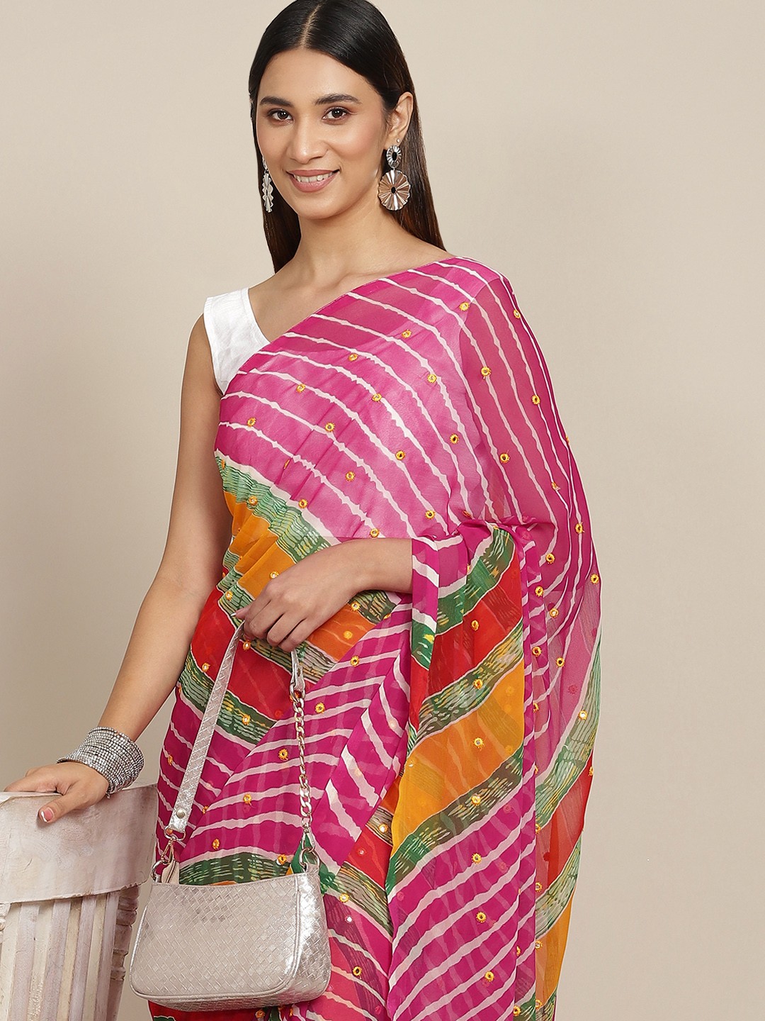 

Tikhi Imli Pink & White Mirror Work Leheriya Saree