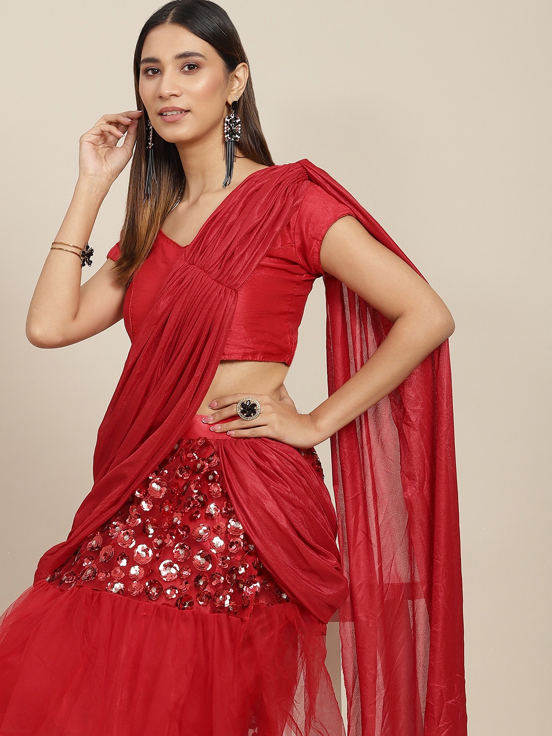 

Tikhi Imli Red Sequinned Net Ready to Wear Saree