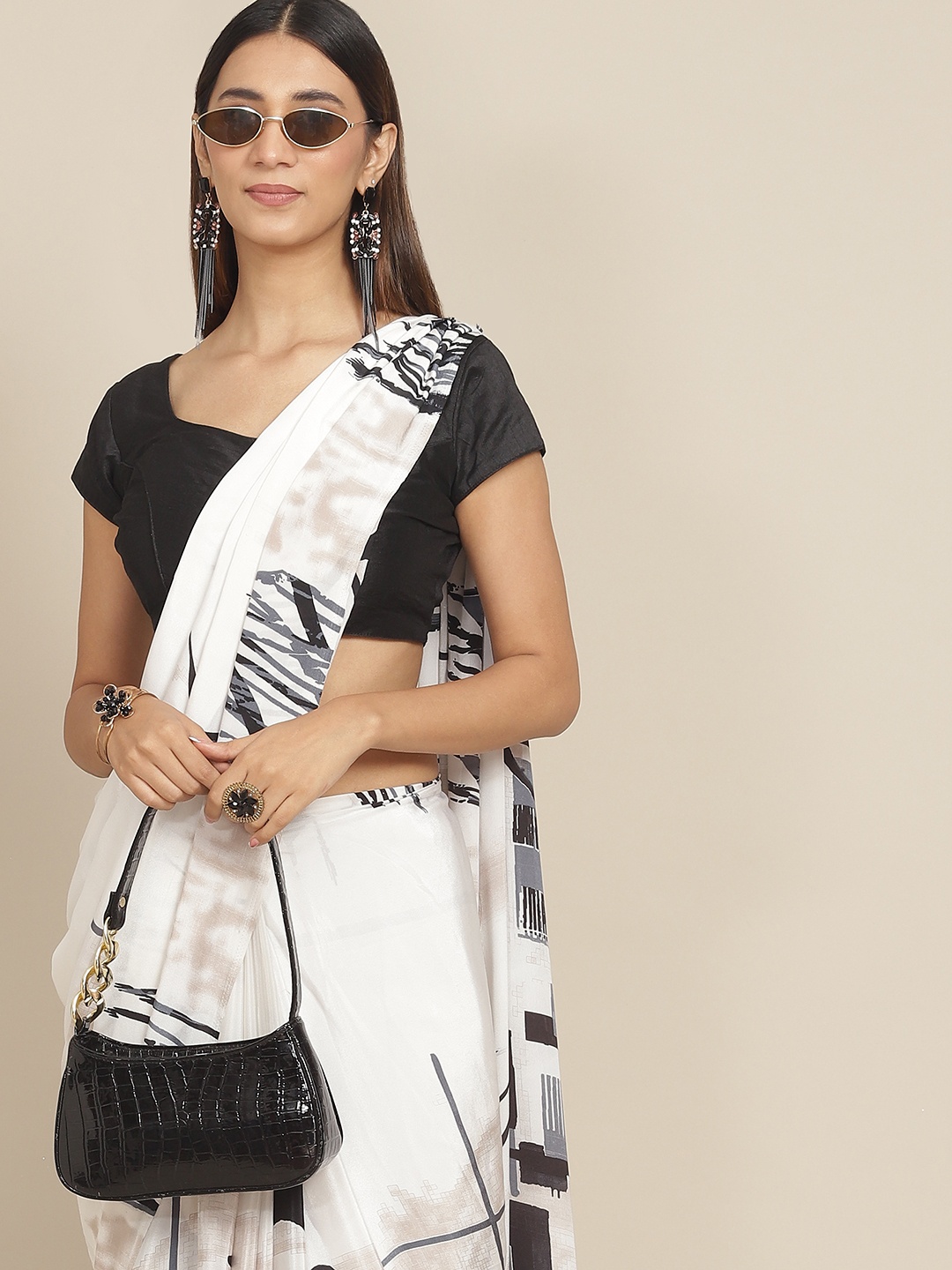 

Tikhi Imli White & Black Printed Satin Saree