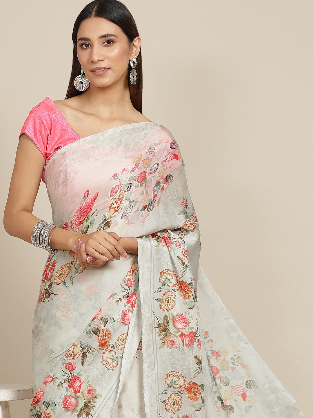 

Tikhi Imli Cream-Coloured & Pink Floral Print Satin Saree