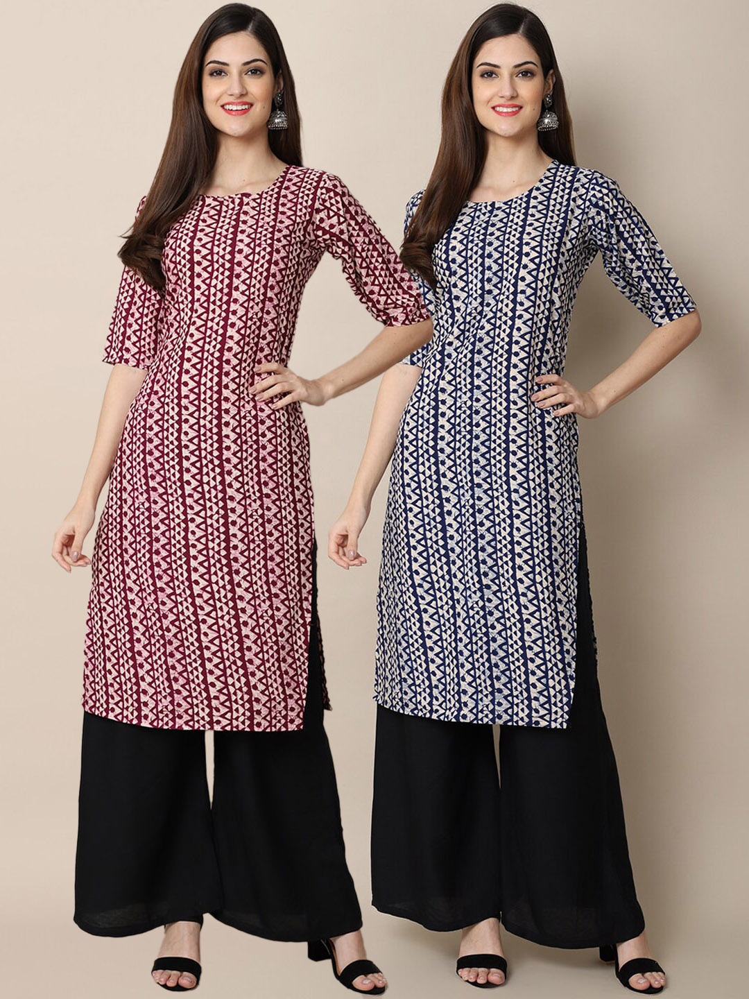 

7Threads Women Multicoloured Pack Of 2 Geometric Printed Block Print Crepe Kurta, Multi