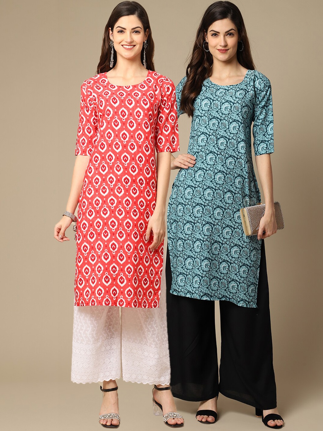 

7Threads Women Pack Of 2 Coral & Blue Ethnic Motifs Printed Crepe Kurta