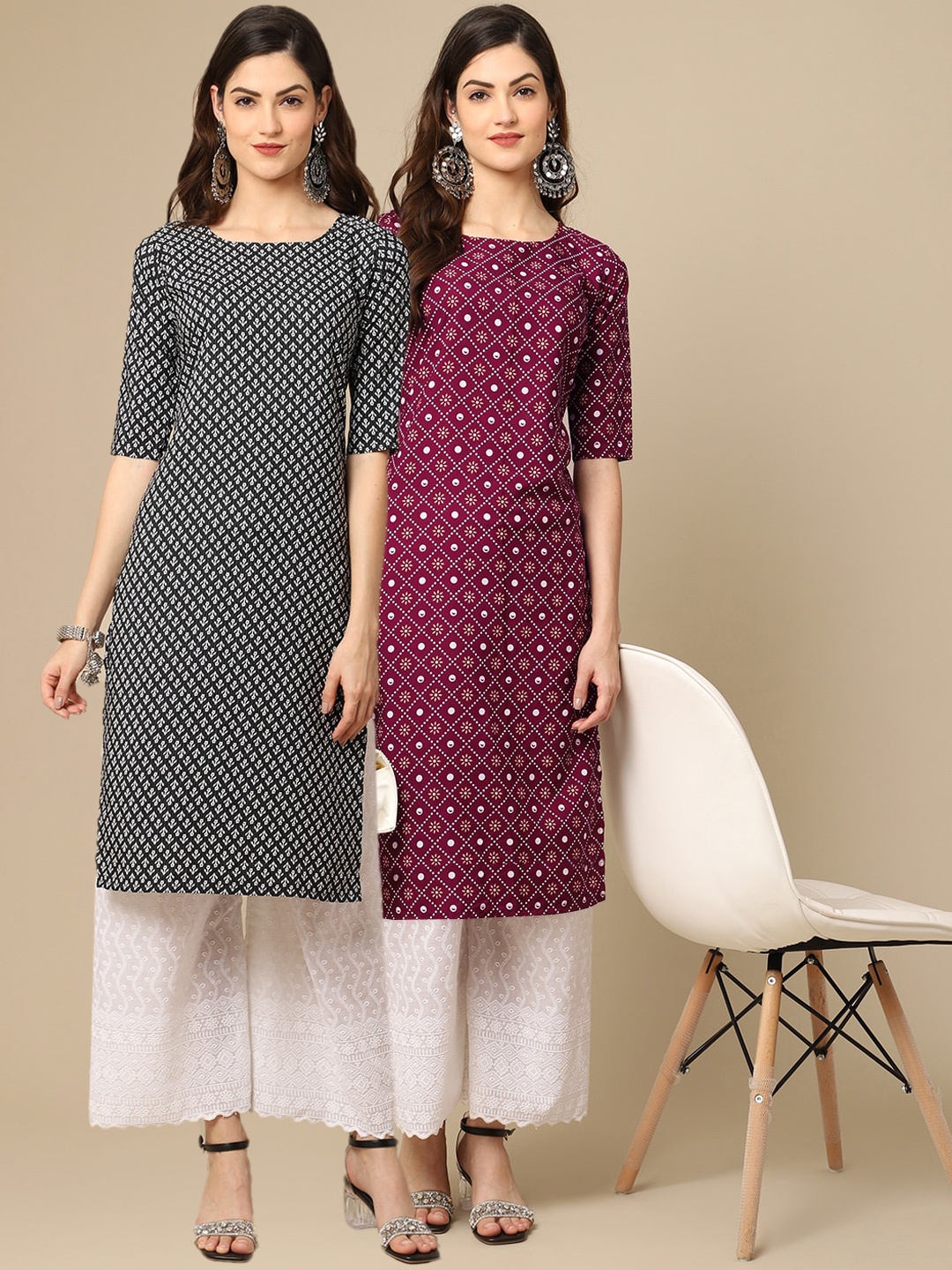 

7Threads Women Pack Of 2 Red & Black Geometric Printed Crepe Kurta
