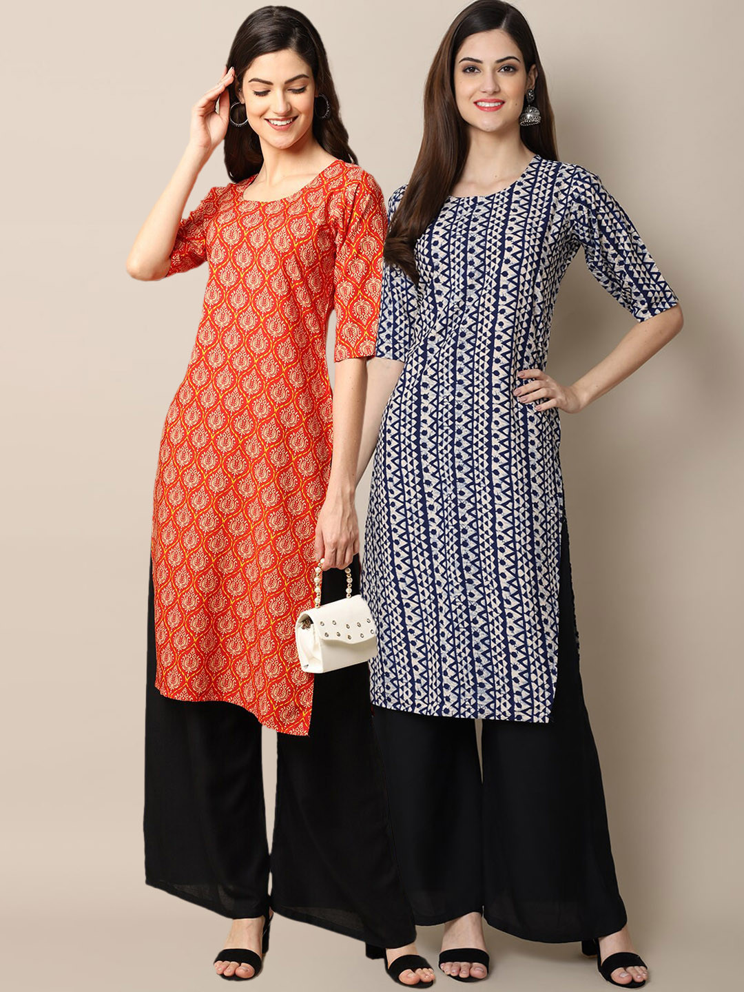 

7Threads Women Pack Of 2 Block Print Summer Sheers Crepe Kurta, Orange