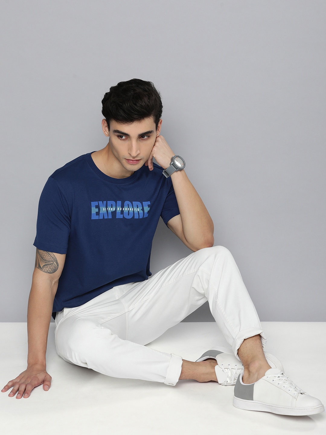 

HERE&NOW Men Navy Blue Typography Printed Pure Cotton T-shirt