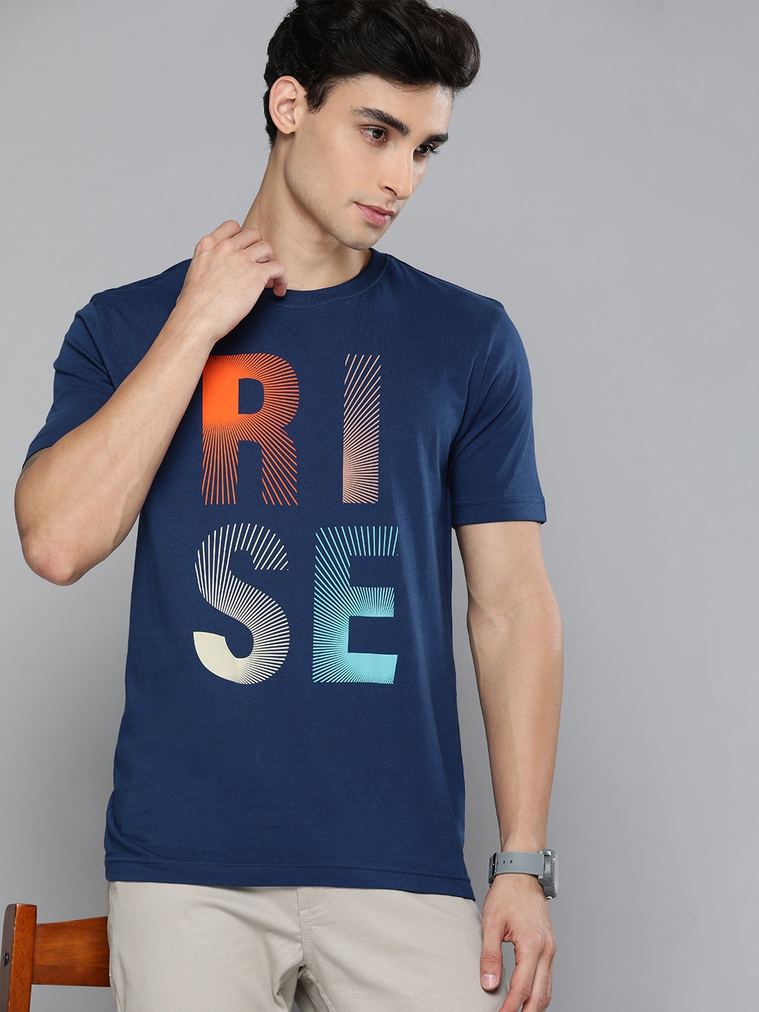 

HERE&NOW Men Navy Blue & Orange Typography Printed Pure Cotton T-shirt