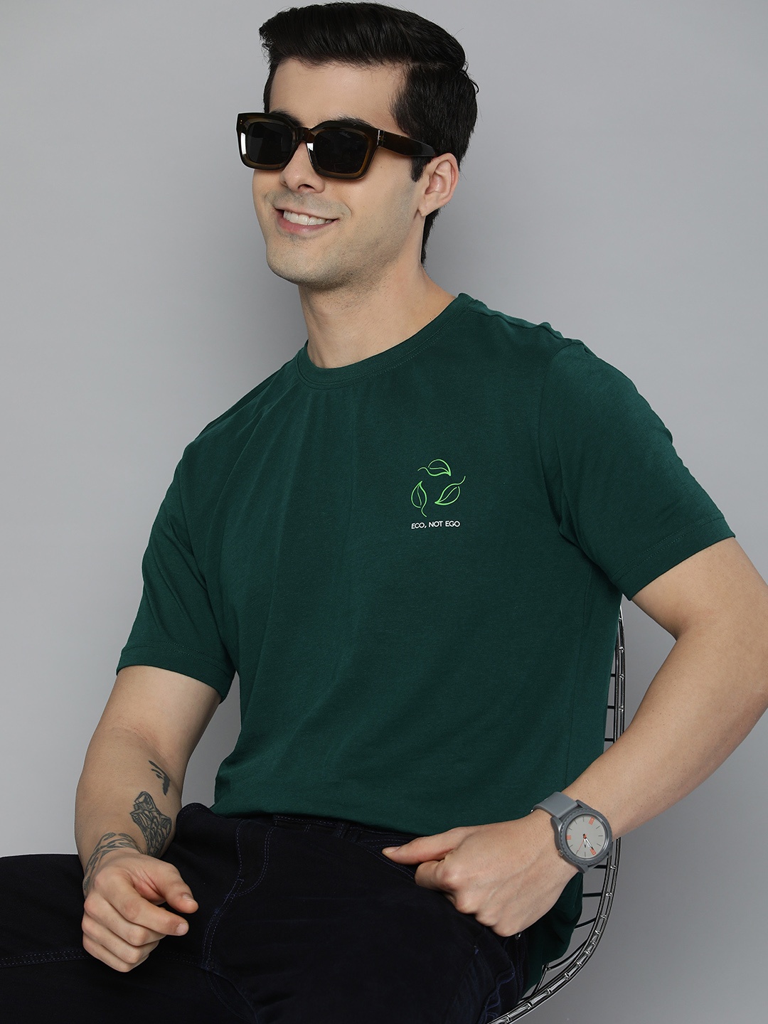 

HERE&NOW Men Teal Green Pure Cotton T-shirt