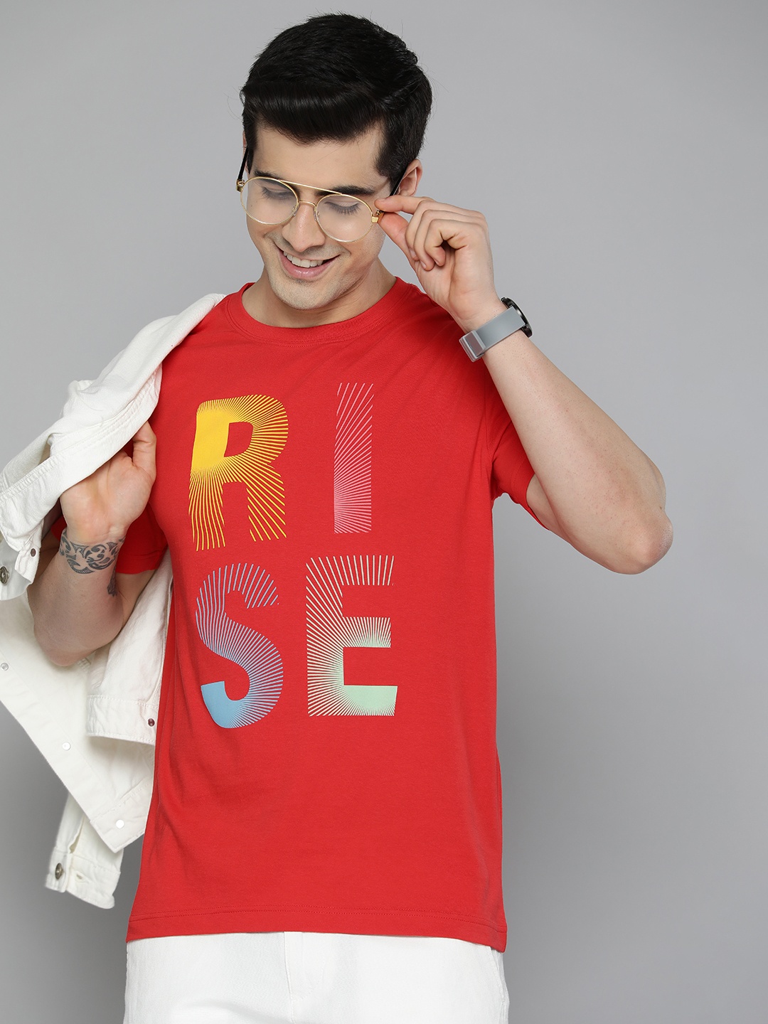 

HERE&NOW Men Red Typography Printed Pure Cotton T-shirt
