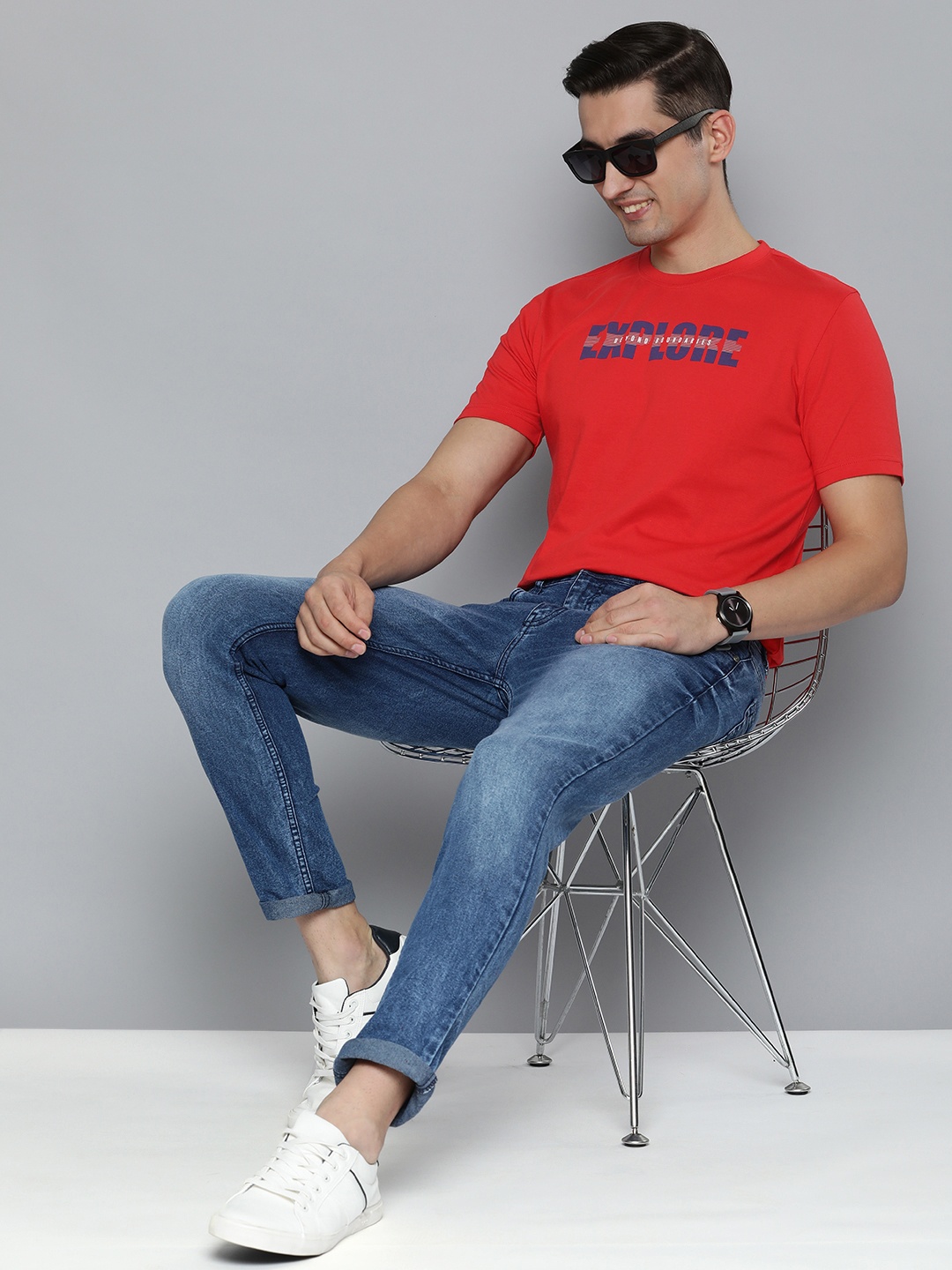 

HERE&NOW Men Red & Navy Blue Typography Printed Pure Cotton T-shirt