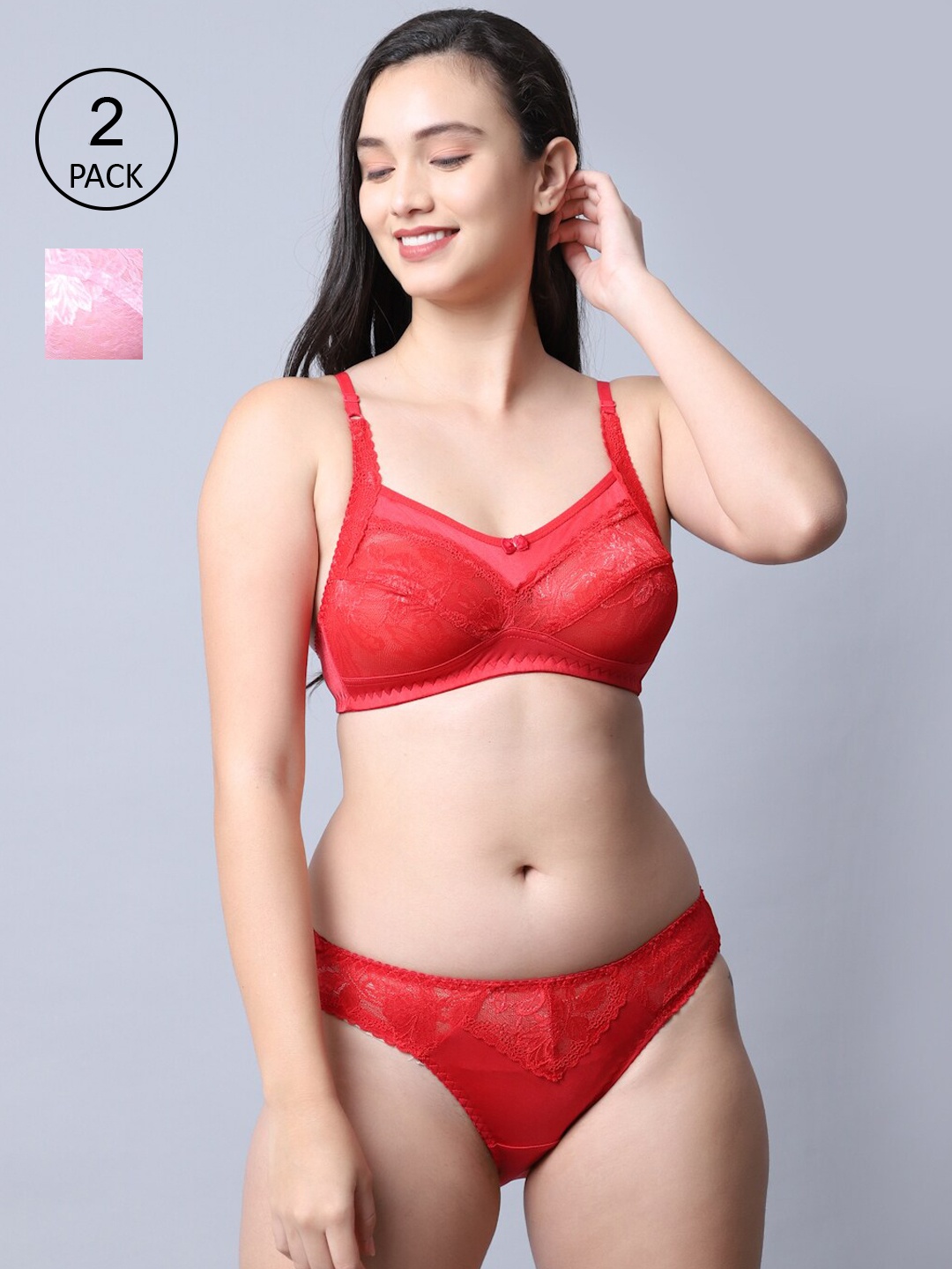 

GRACIT Set Of 2 Red & Pink Self-Design Lingerie Set