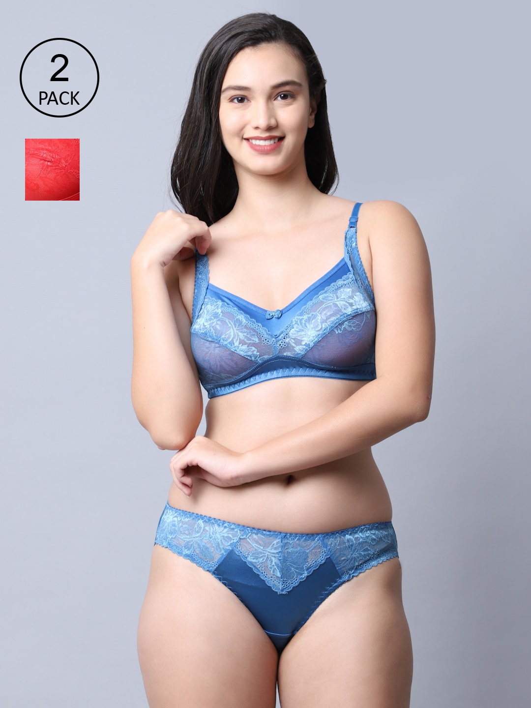 

GRACIT Women Pack of 2 Red & Blue Self-Design Lingerie Set