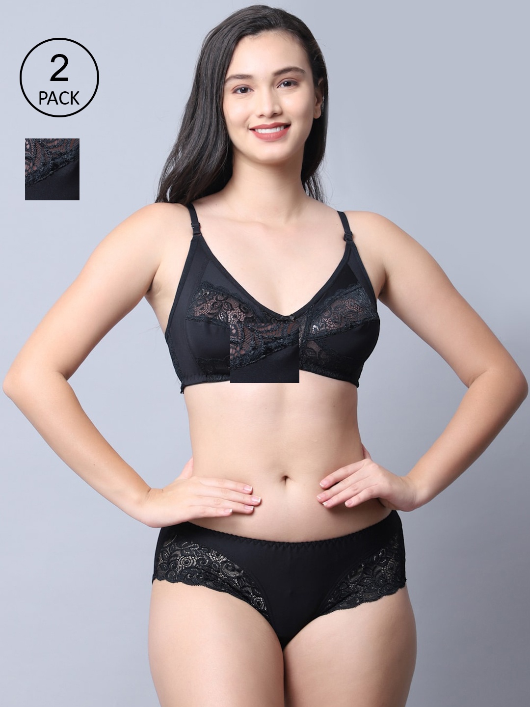 

GRACIT Women Pack Of 2 Black Self-Design Lingerie Set