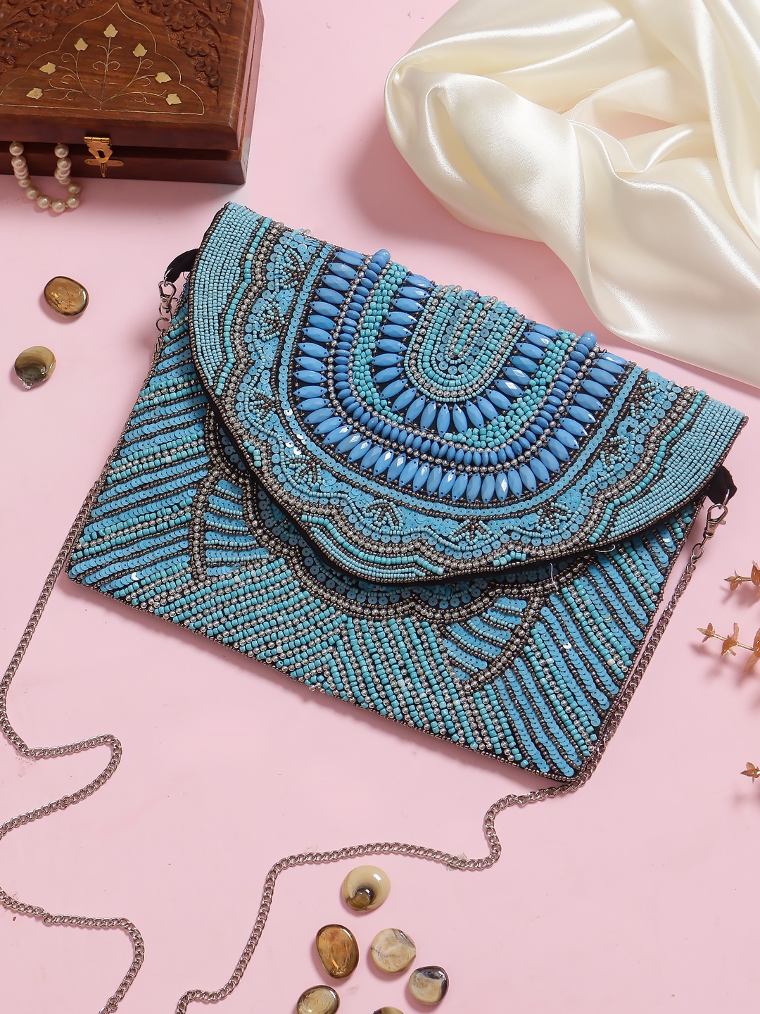 

Swisni Blue & Black Embellished Fringed Purse Clutch