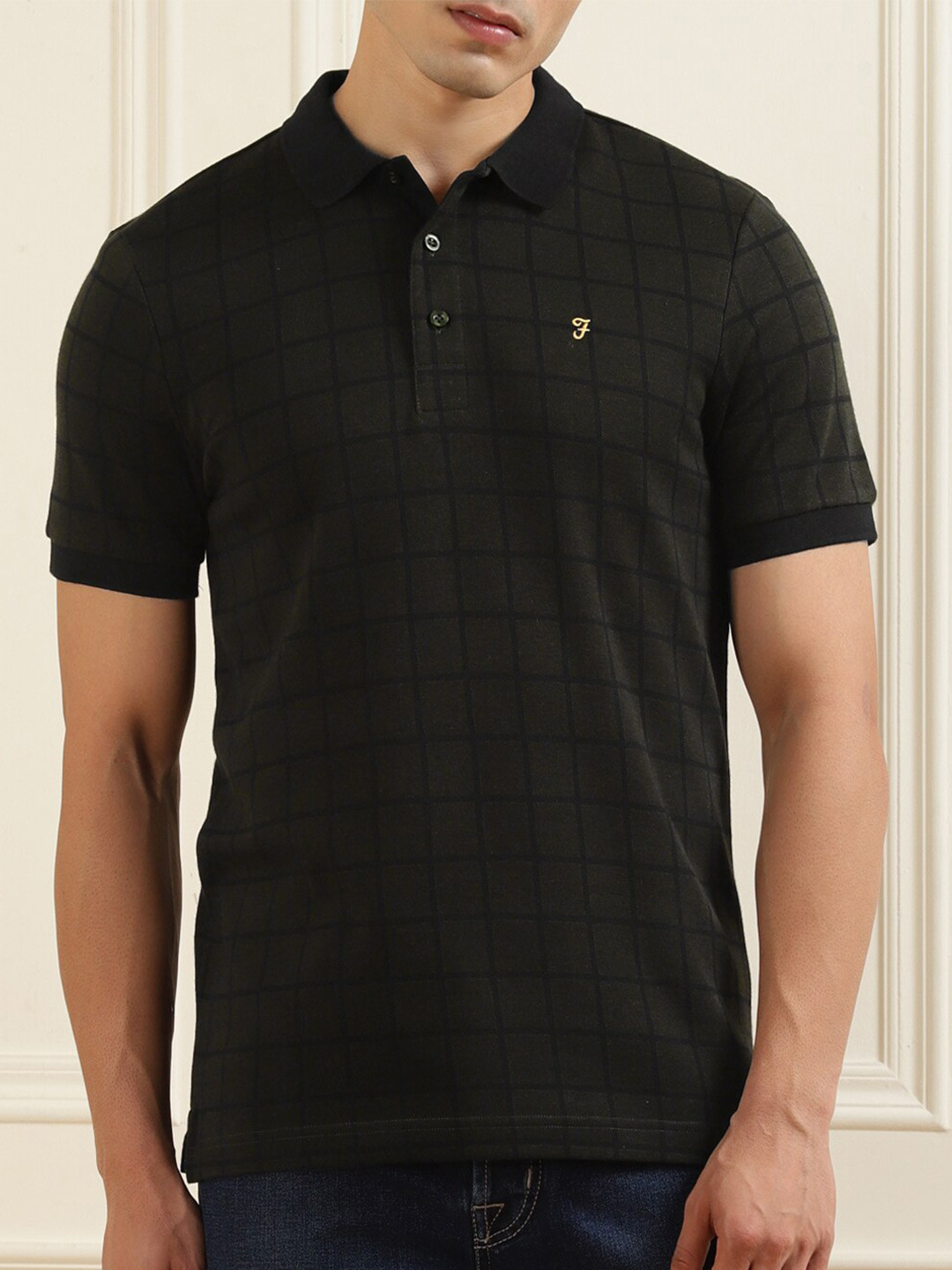 

Farah Men Olive Green Windowpane Check Polo Collar T-shirt