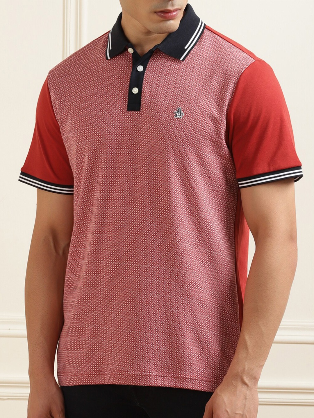 

Original Penguin Men Red Printed Polo Collar Cotton T-shirt