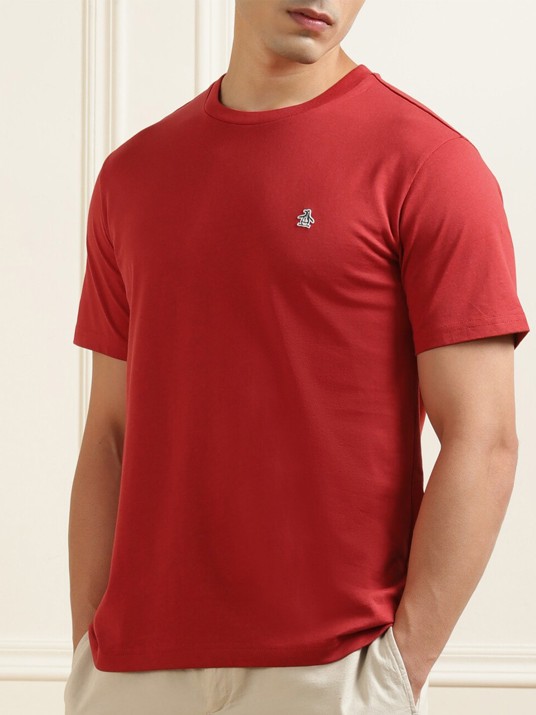 

Original Penguin Men Red Solid Cotton Round Neck T-shirt