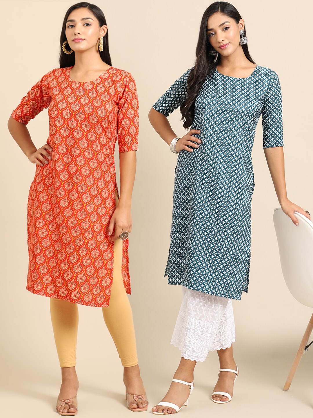

7Threads Women Pack Of 2 Geometric Printed Crepe Kurtas, Orange