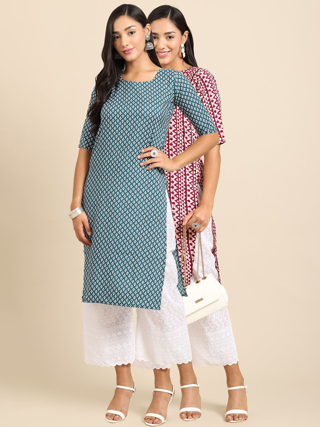 

7Threads Women Pack Of 2 Blue & Maroon Geometric Printed Crepe Kurta