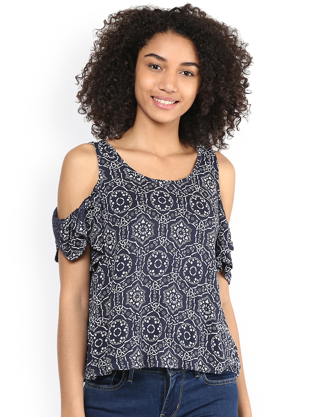 

Harpa Women Navy & White Printed Cold Shoulder Top, Navy blue