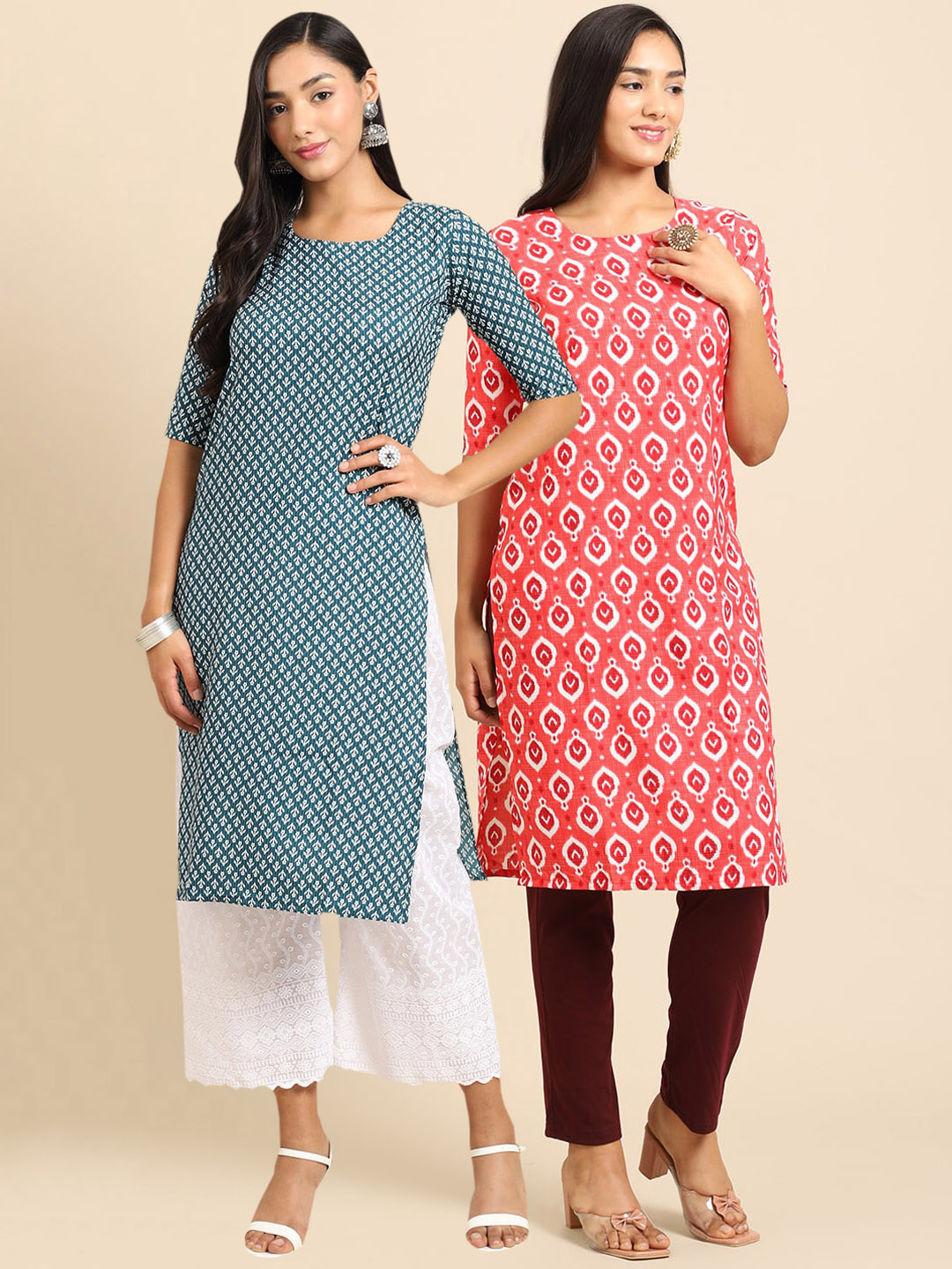 

7Threads Set of 2 Women Printed Block Print Handloom Crepe Straight Kurta, Teal