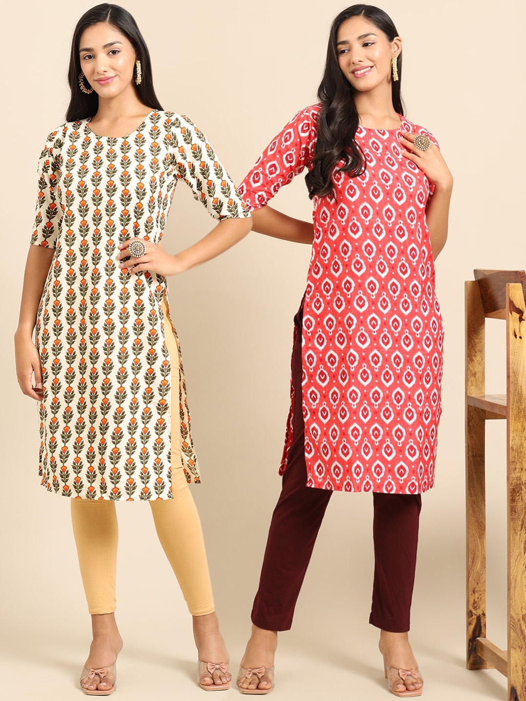 

7Threads Women Pack Of 2 Red & White Paisley Printed Crepe Kurta