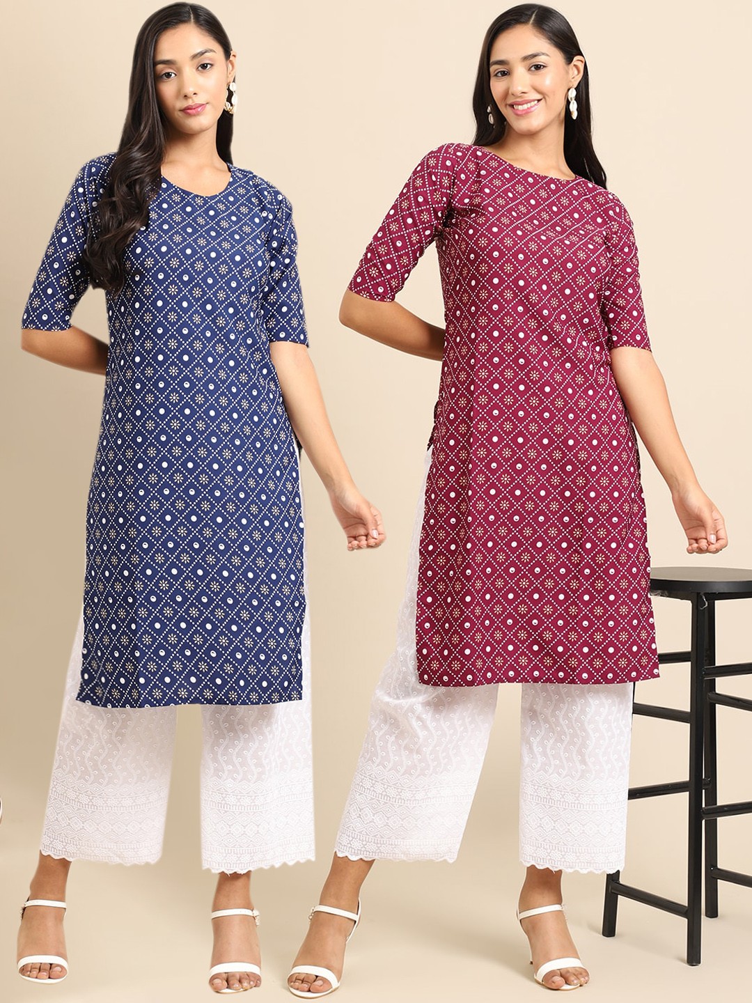 

7Threads Women Pack Of 2 Blue & Maroon Ethnic Motifs Printed Crepe Kurta