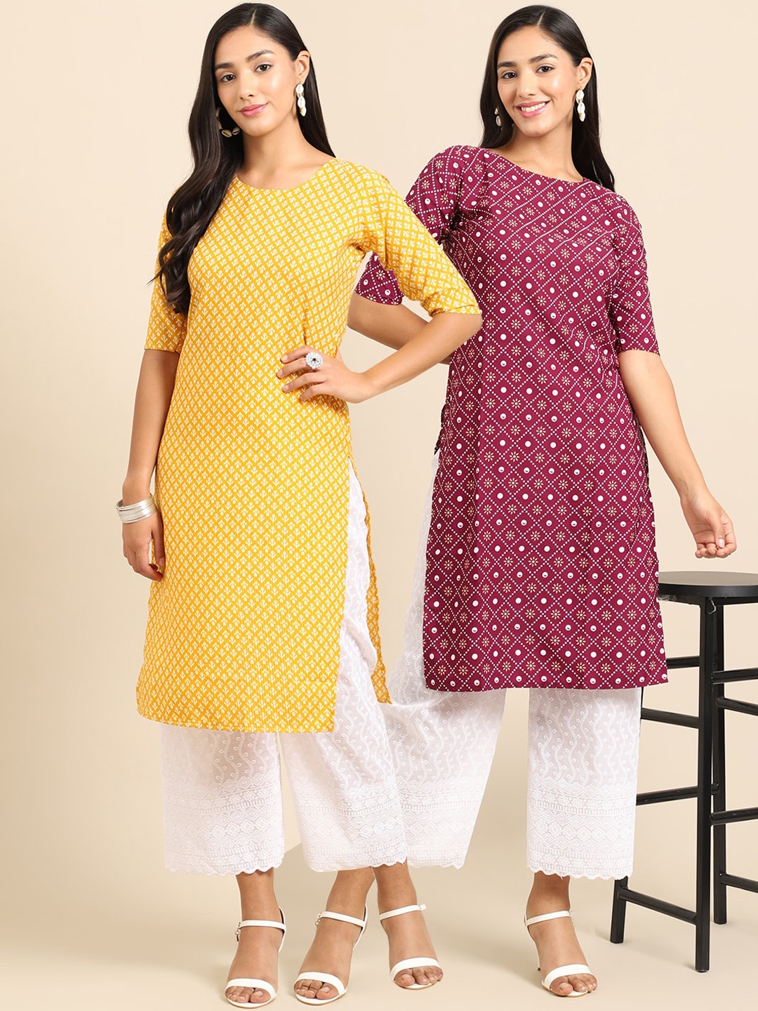 

7Threads Women Pack of 2 Yellow & Maroon Ethnic Motifs Printed Crepe Kurta