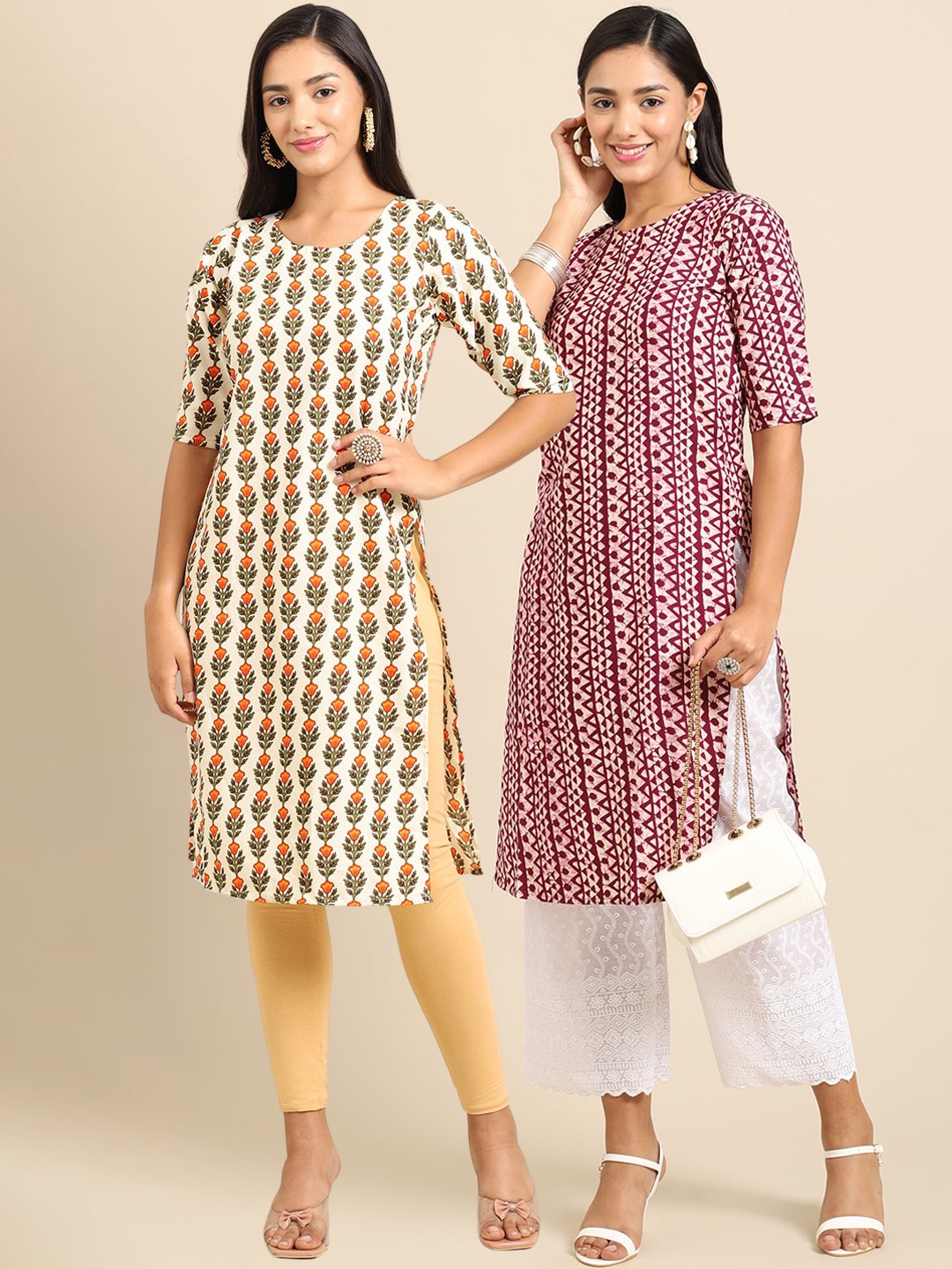 

7Threads Women Red & Cream-Coloured Pack Of 2 Geometric Printed Crepe Kurta