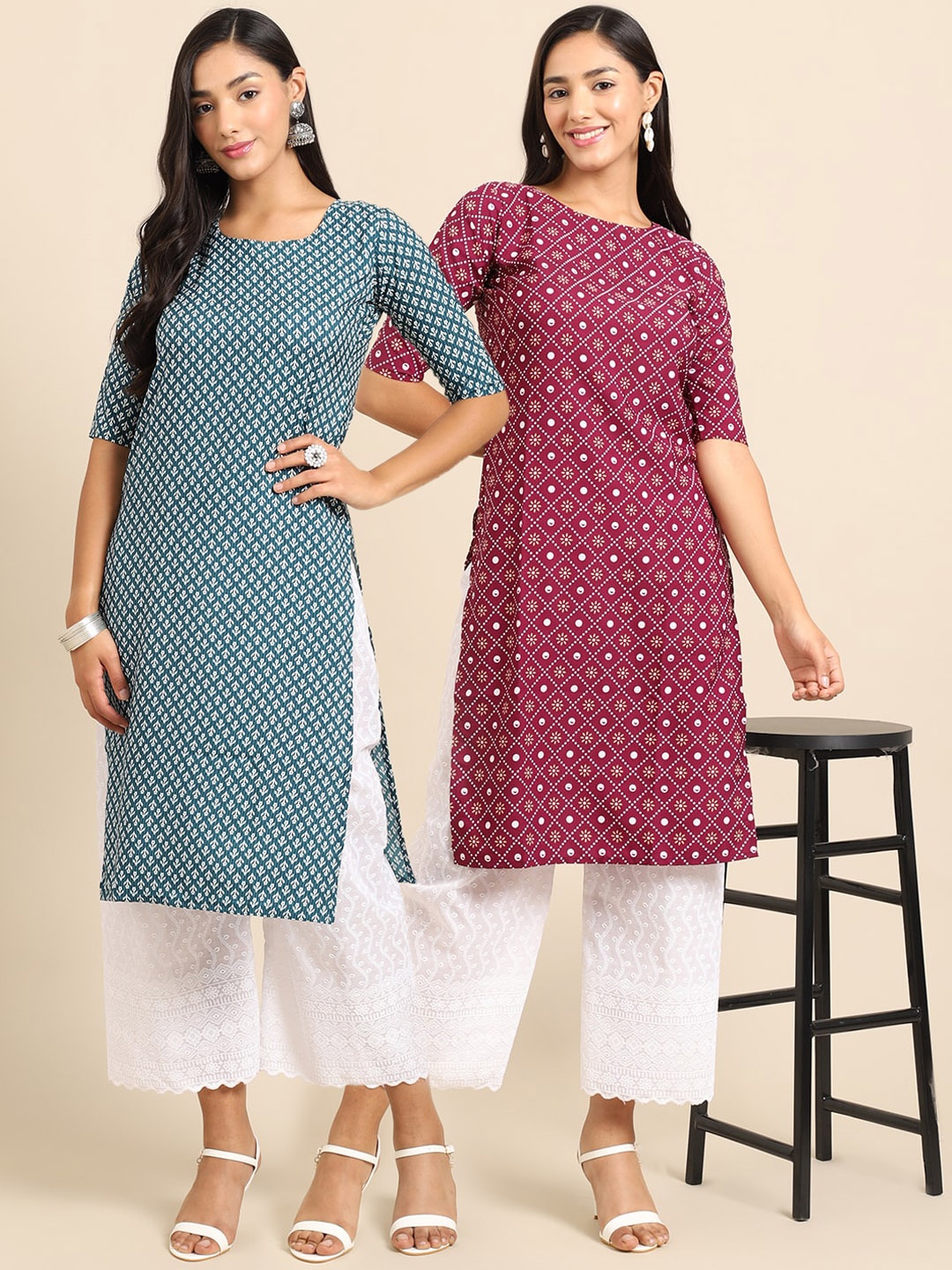 

7Threads Women Pack of 2 Maroon & Blue Ethnic Motifs Printed Handloom Crepe Kurta