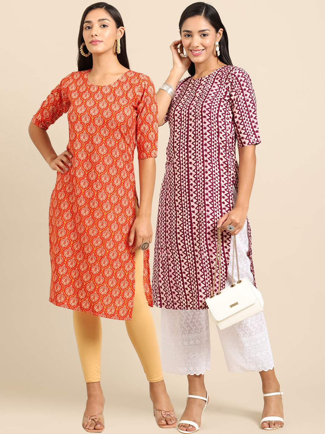 

7Threads Women Pack of 2 Red & Maroon Floral Printed Crepe Kurta