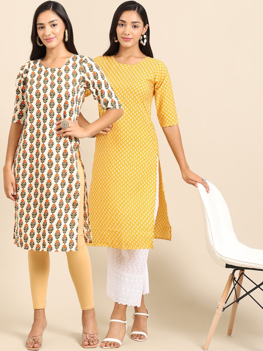7Threads Women Set Of 2 Yellow & White Floral Printed Crepe Kurta