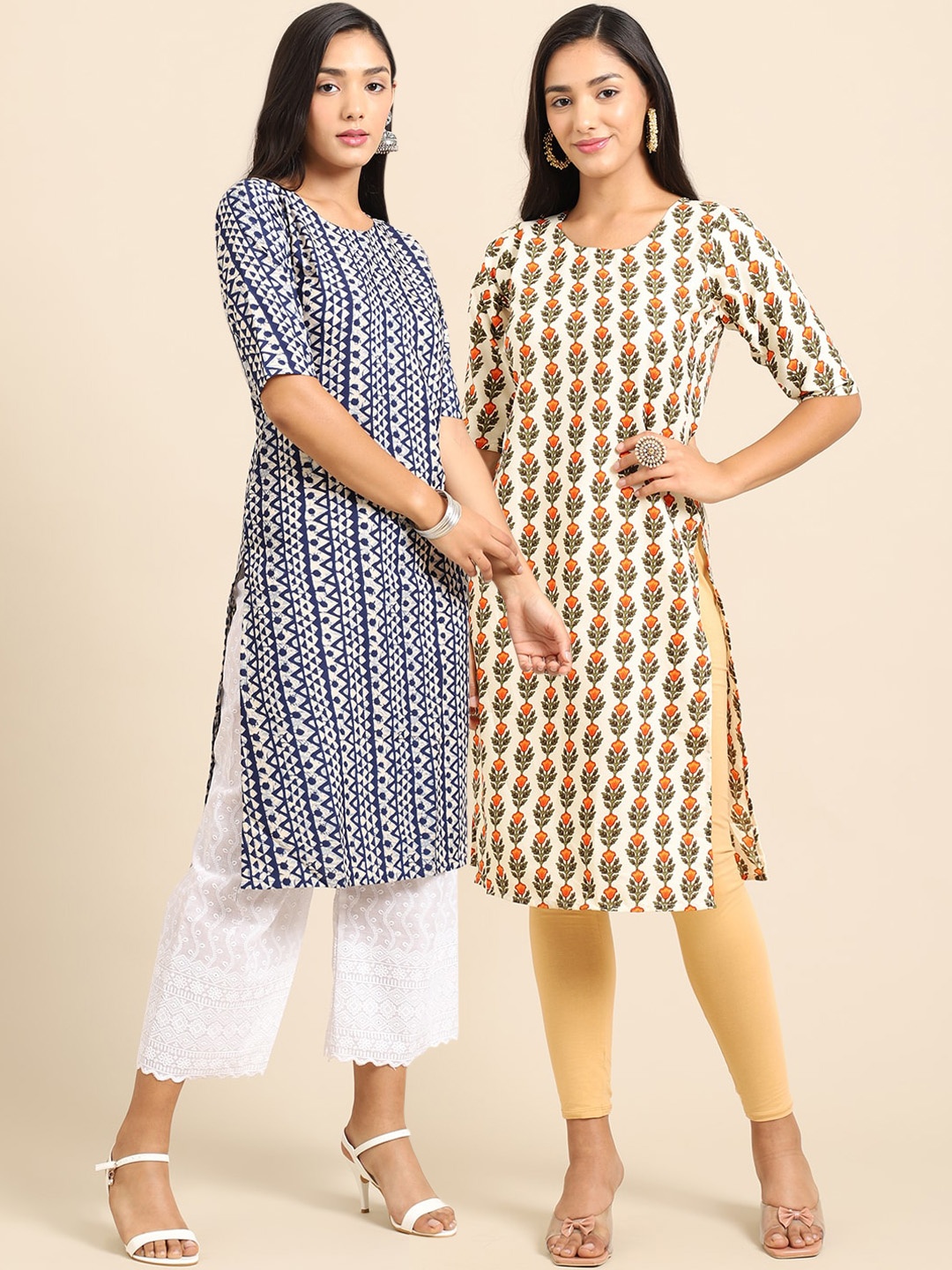 

7Threads PACK OF 2 Women Blue Ethnic Motifs Printed Block Print Handloom Crepe Kurta
