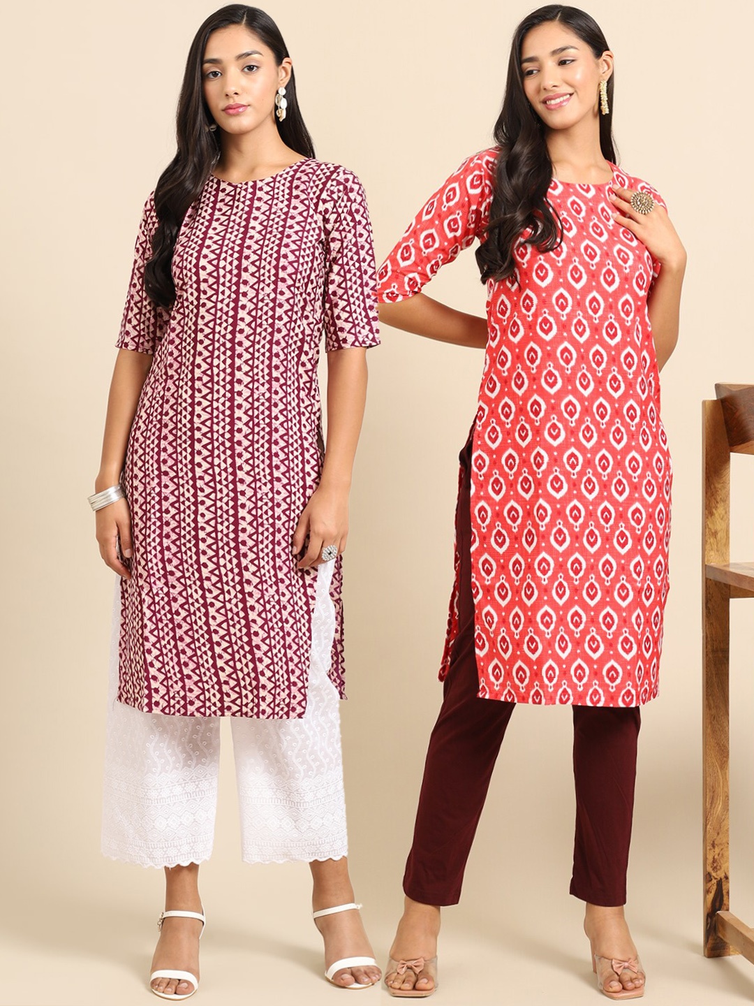 

7Threads Women Pack Of 2 Maroon & Pink Ethnic Motifs Printed Crepe Kurta