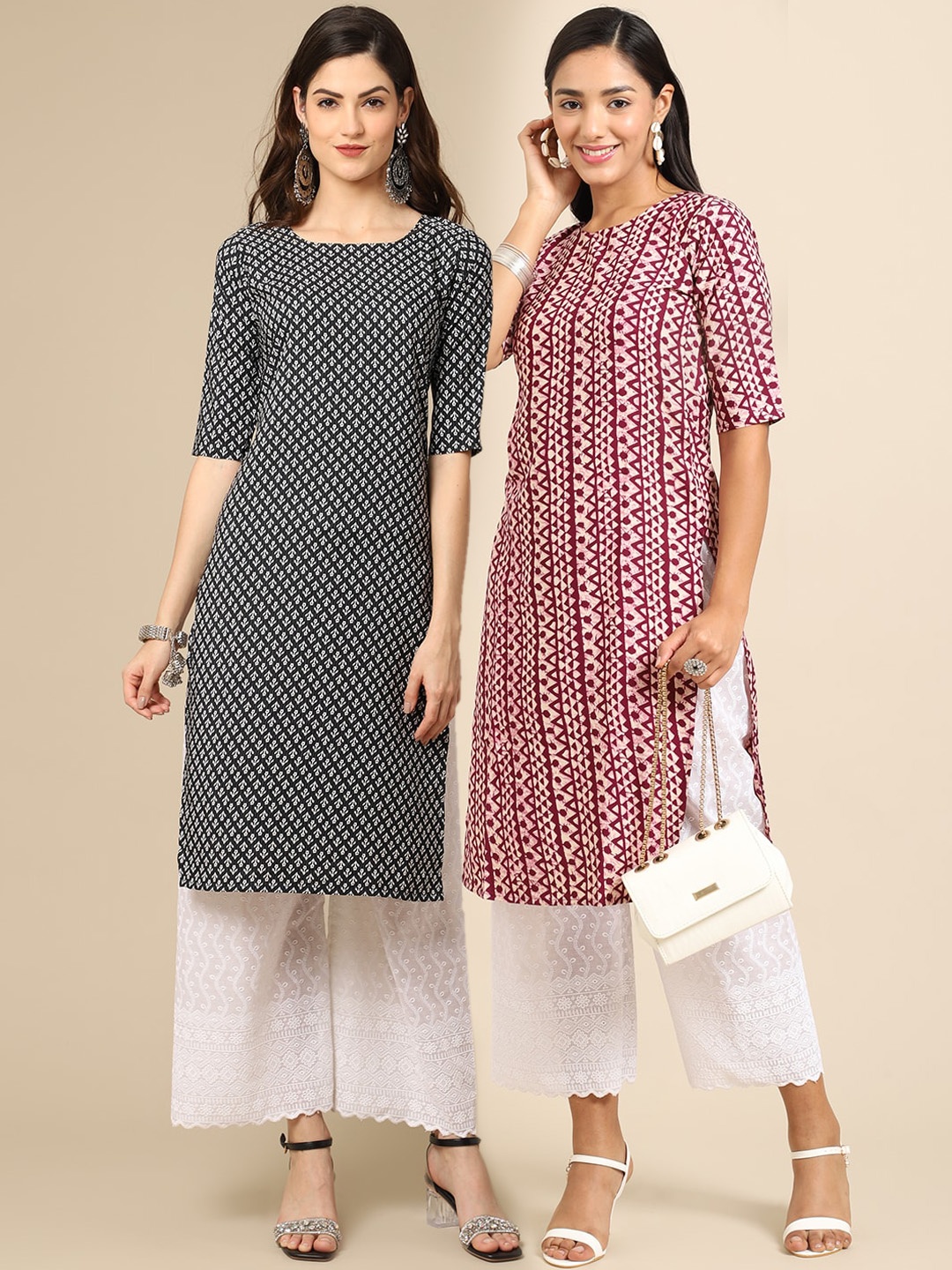 

7Threads Women Pack of 2 Printed Crepe Kurta, Black